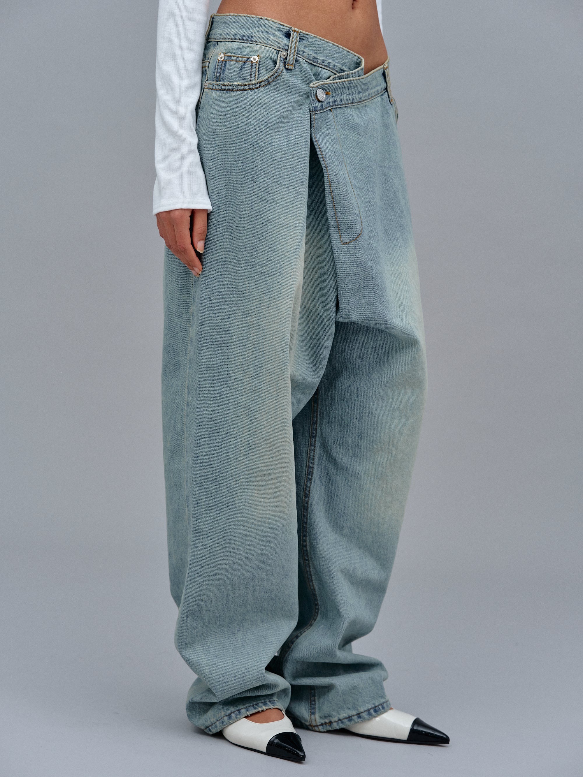 Asymmetric Wrap Faded Jeans, Stone Wash - Image 3