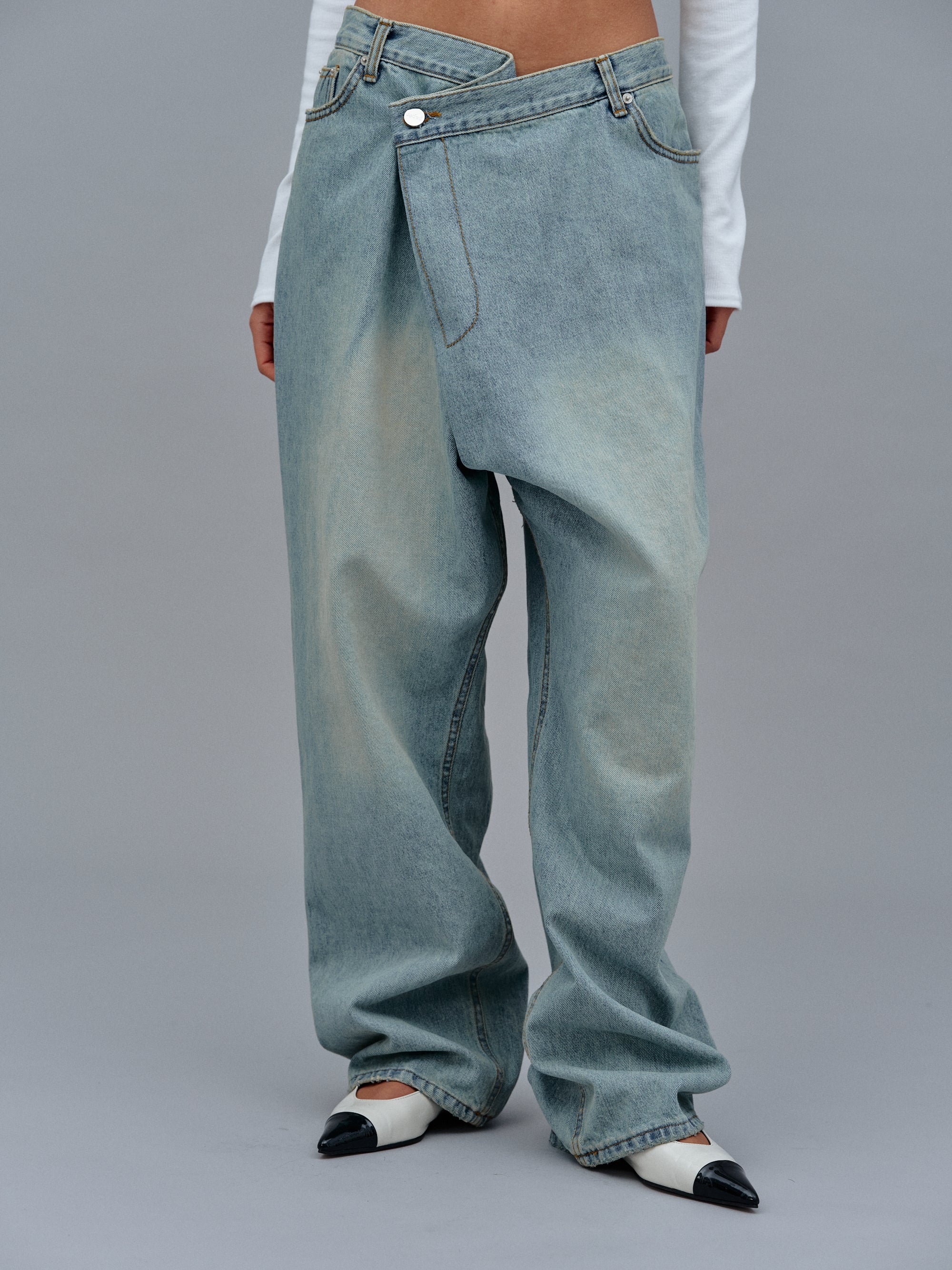 Asymmetric Wrap Faded Jeans, Stone Wash - Image 4