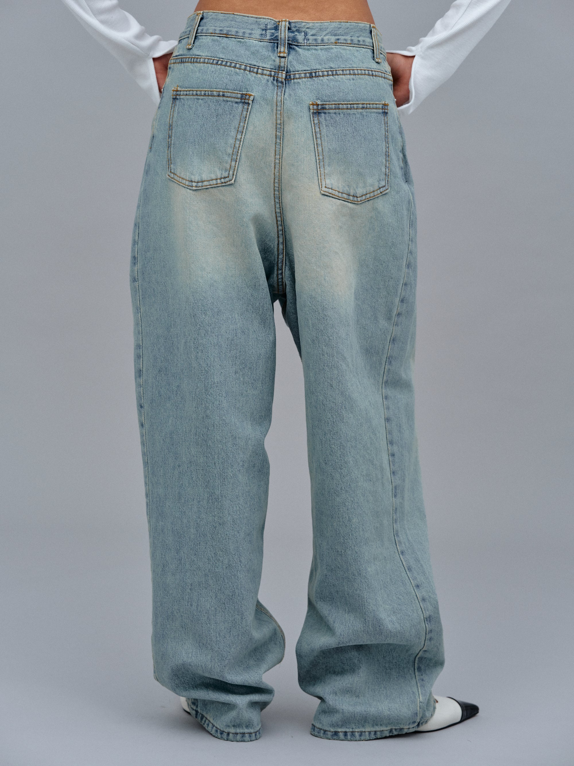 Asymmetric Wrap Faded Jeans, Stone Wash - Image 5