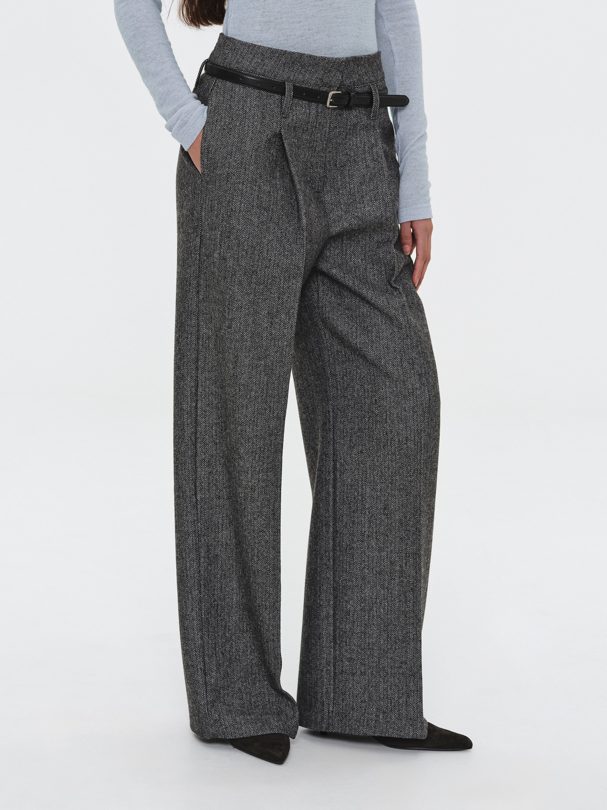 Belted Herringbone Trousers, Black - Image 3