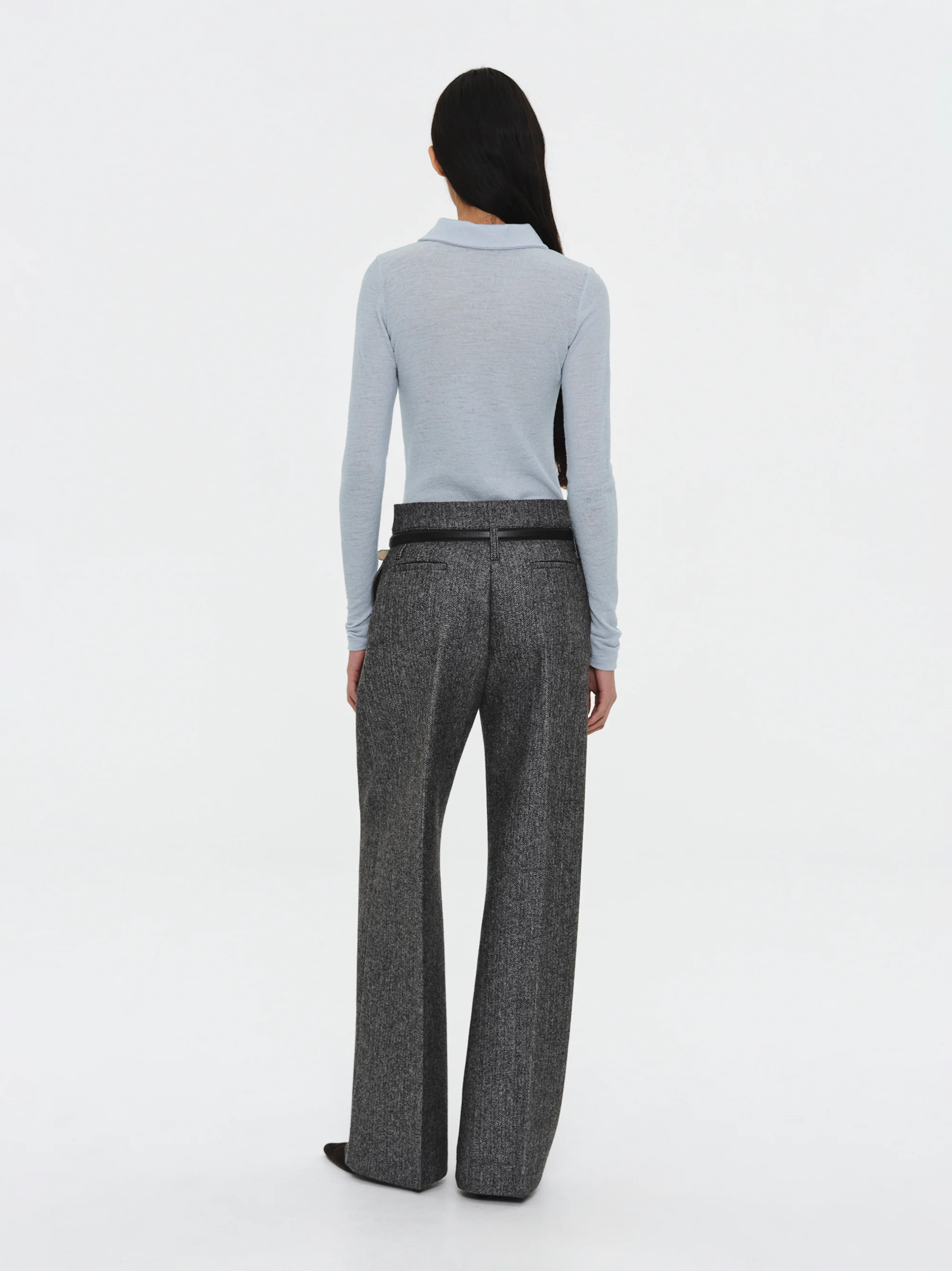 Belted Herringbone Trousers, Black - Image 4