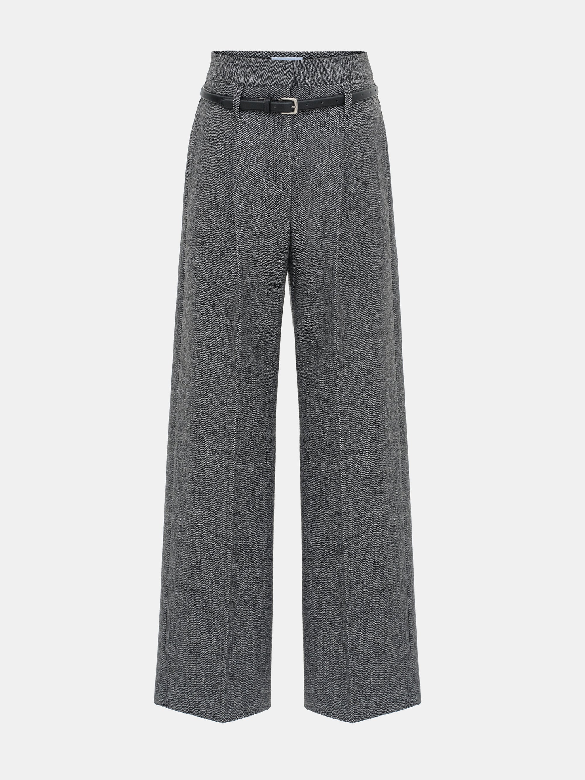 Belted Herringbone Trousers, Black - Image 6