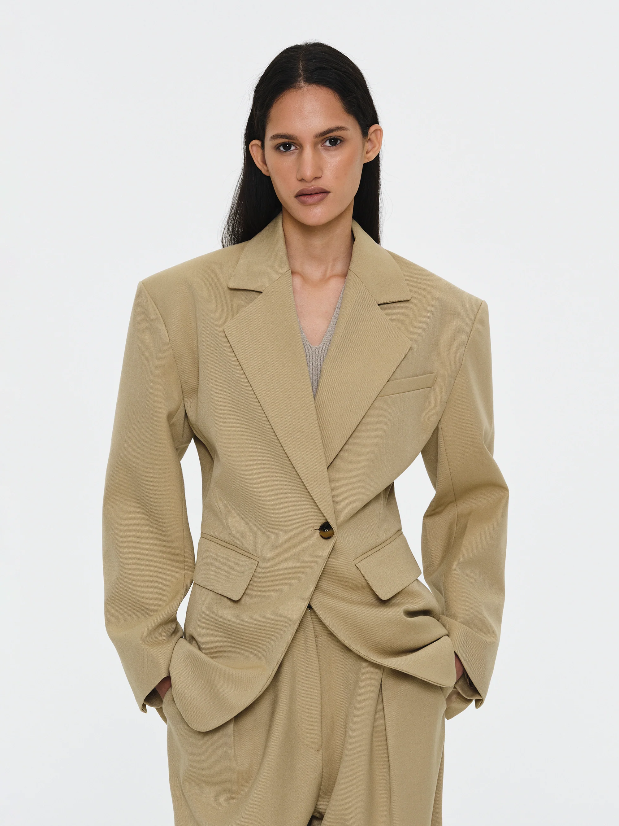 Cinched Suit Blazer, Beige - Image 3
