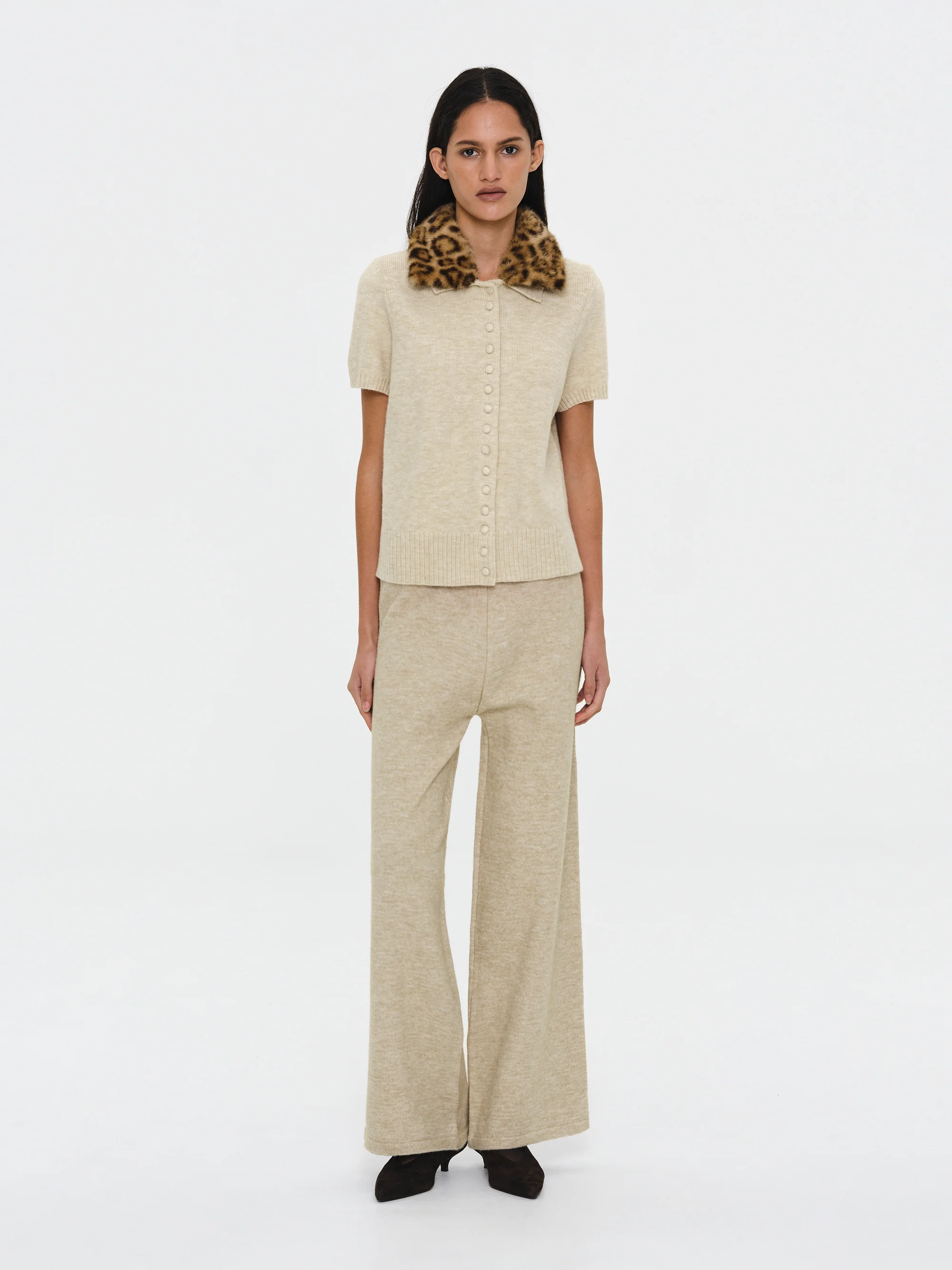 Faux-Fur Collar Knit Top, Beige - Image 3