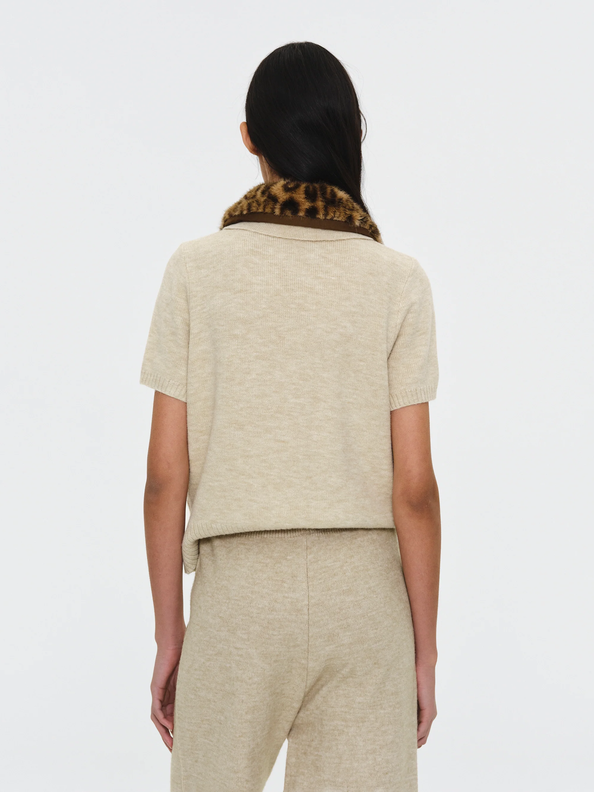 Faux-Fur Collar Knit Top, Beige - Image 4