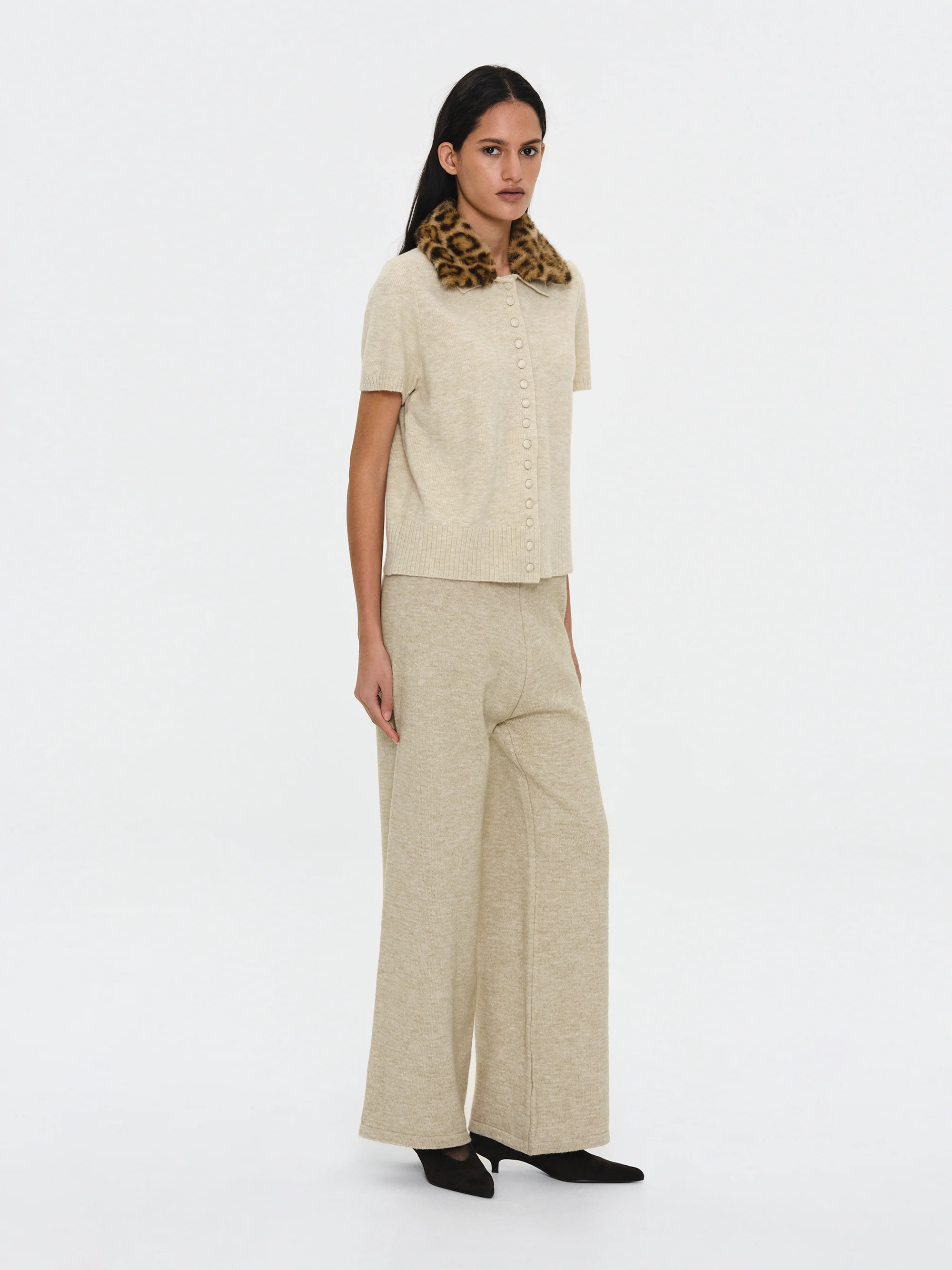 Faux-Fur Collar Knit Top, Beige - Image 5