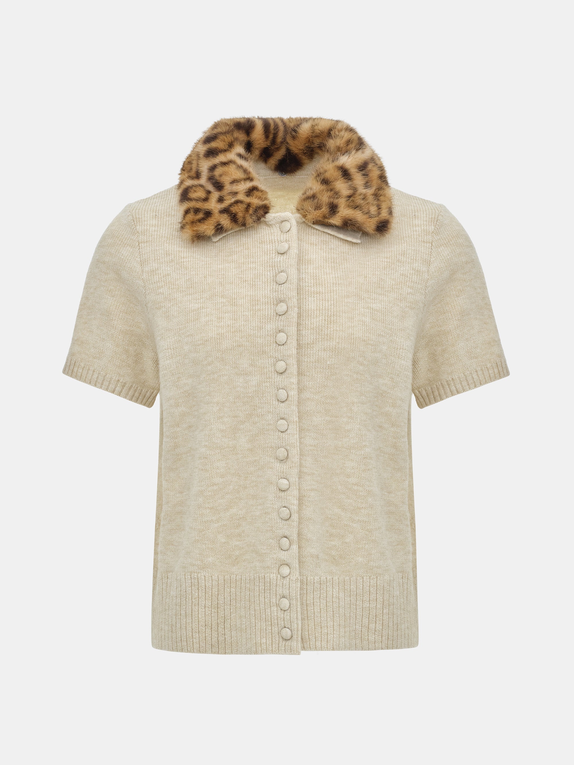 Faux-Fur Collar Knit Top, Beige - Image 7