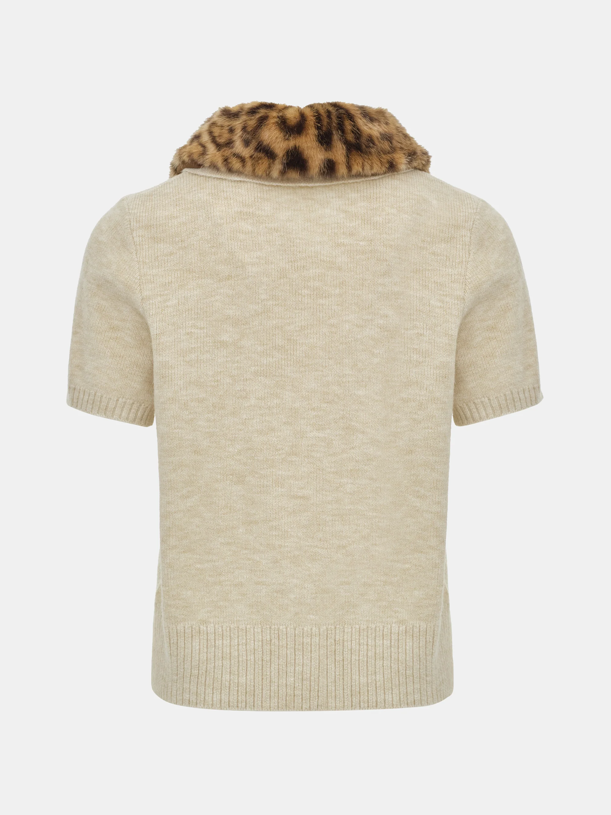 Faux-Fur Collar Knit Top, Beige - Image 8