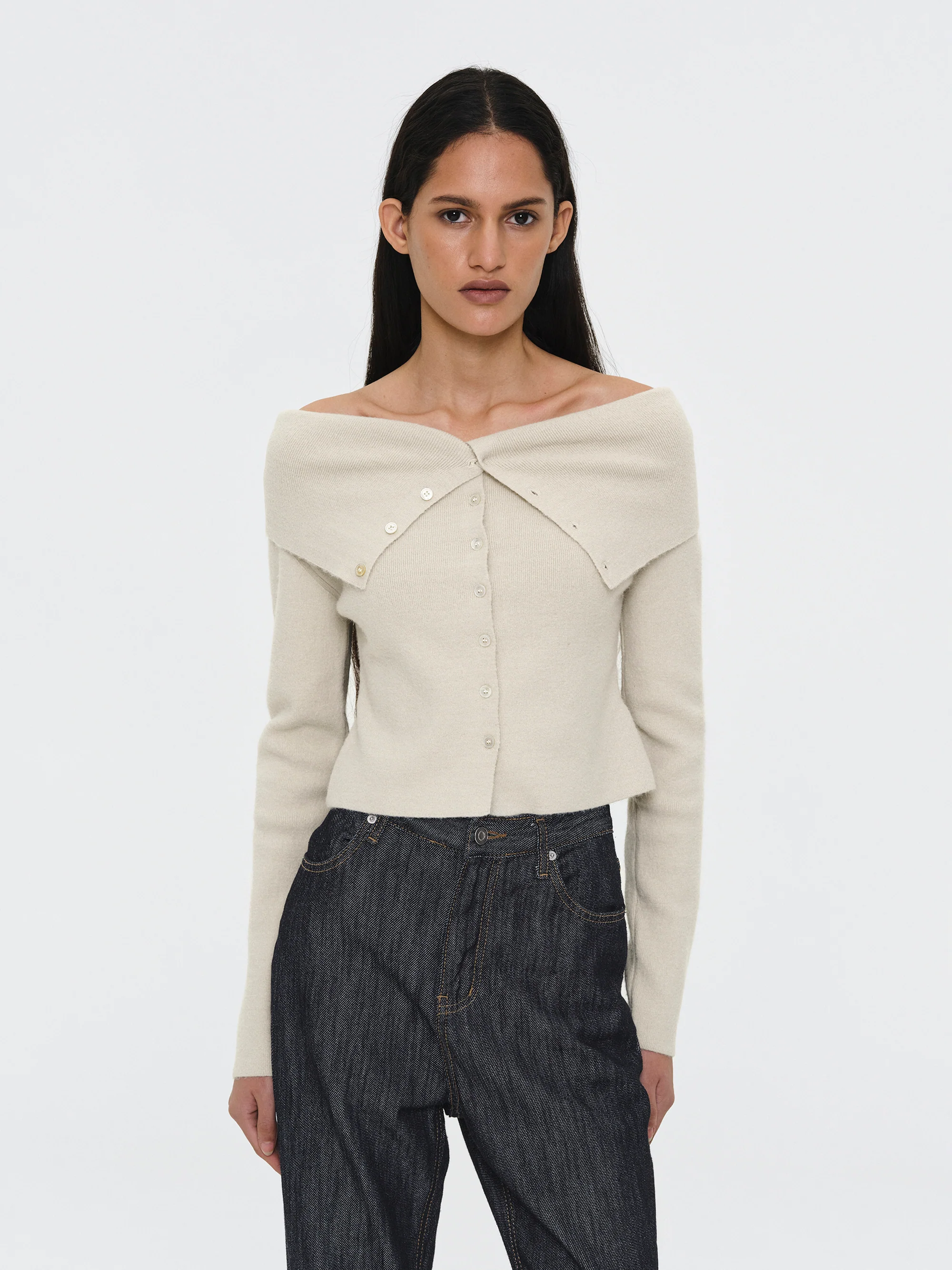 Foldover Button Knit Top, Ivory - Image 3