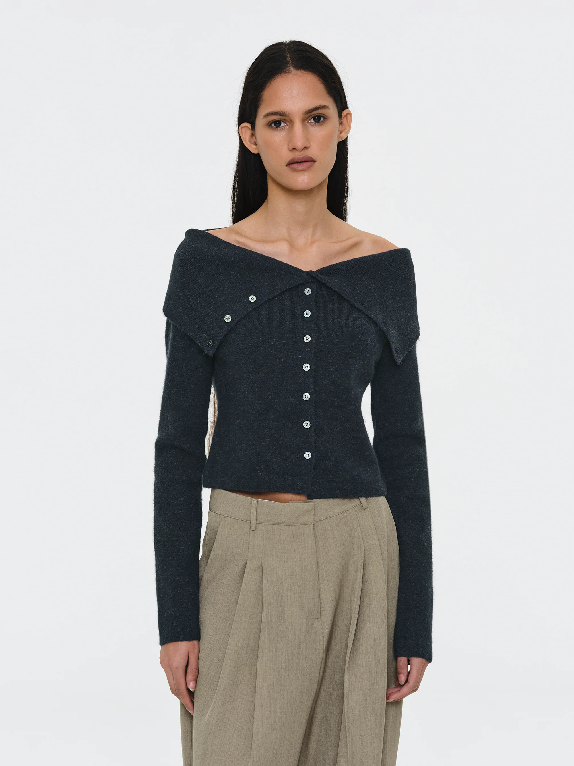 Foldover Button Knit Top, Navy - Image 3