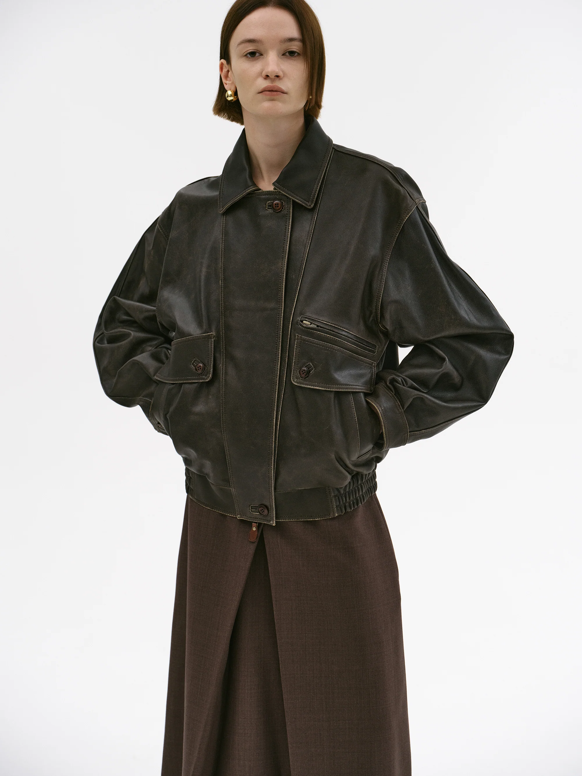 Geva Faded Lambskin Bomber Jacket, Brown - Image 3