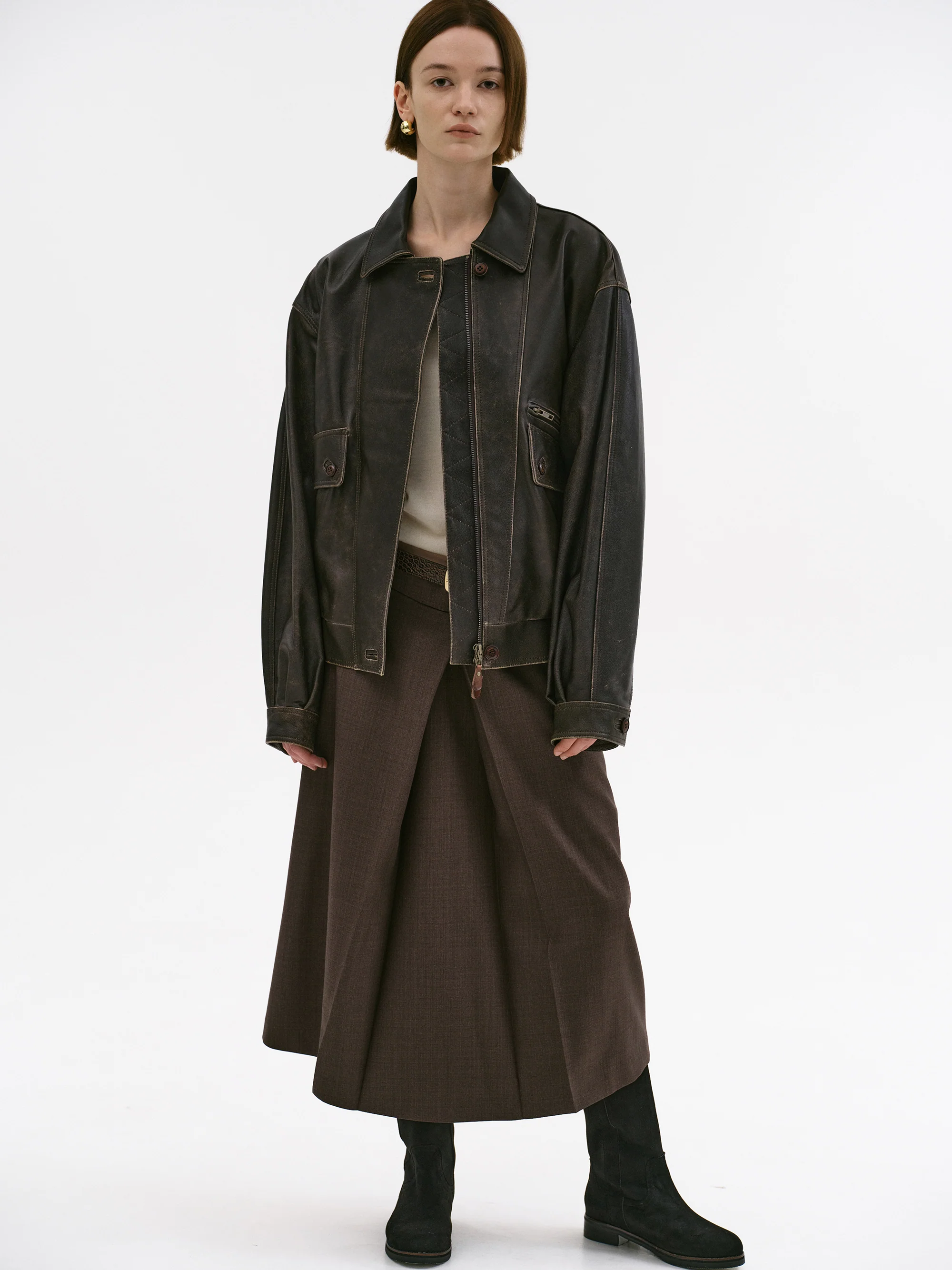 Geva Faded Lambskin Bomber Jacket, Brown - Image 4