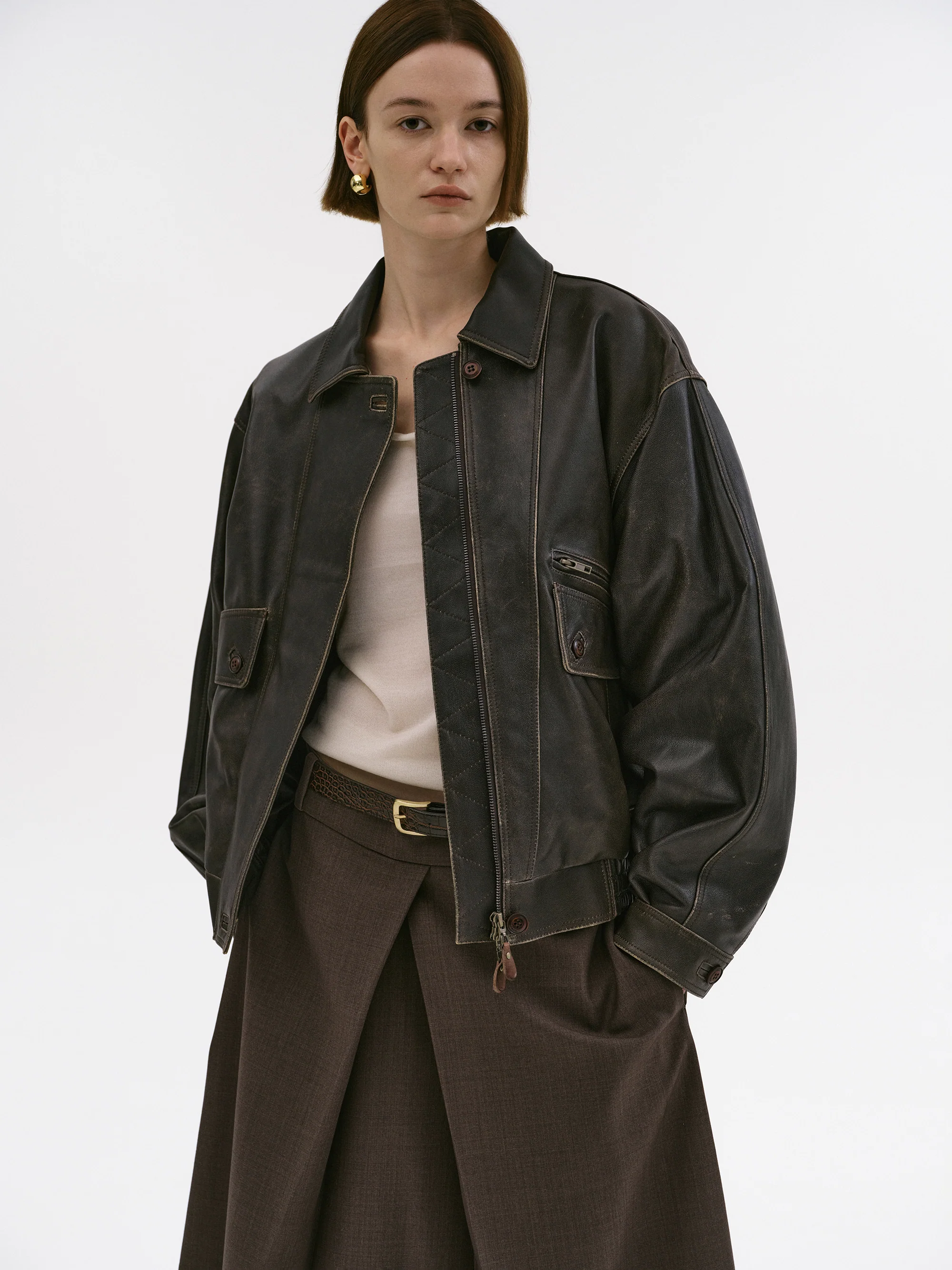 Geva Faded Lambskin Bomber Jacket, Brown - Image 5
