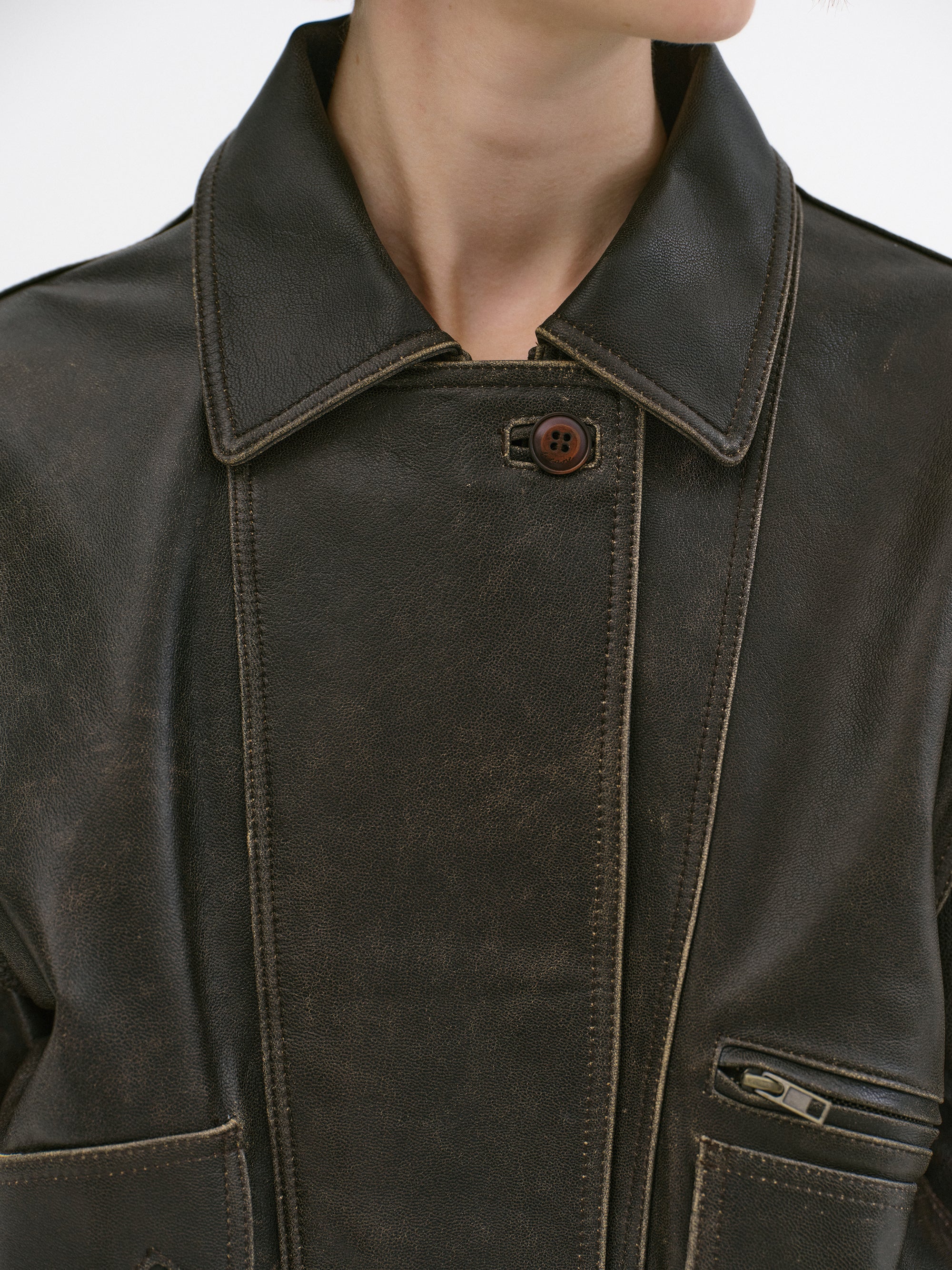 Geva Faded Lambskin Bomber Jacket, Brown - Image 6
