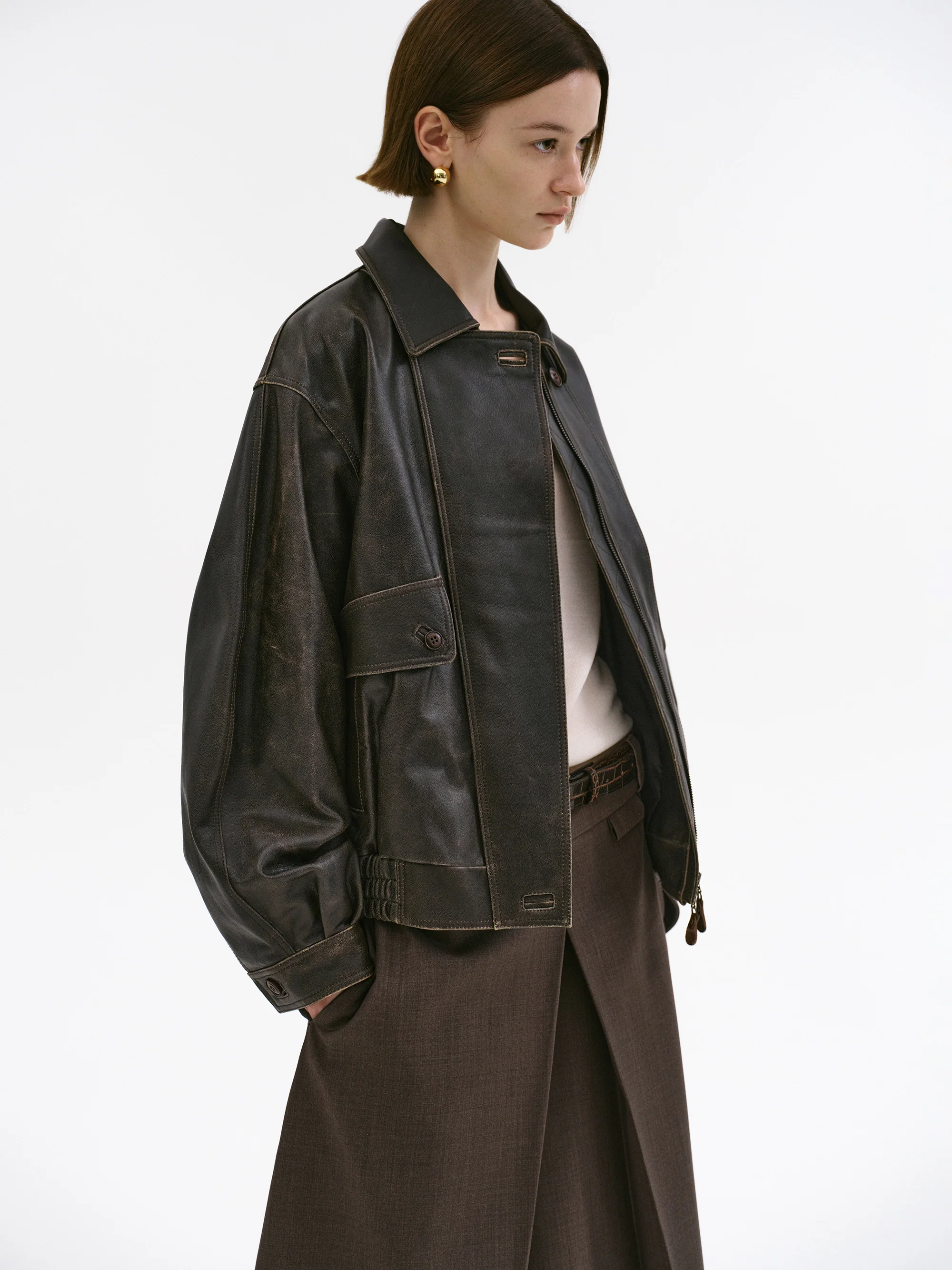 Geva Faded Lambskin Bomber Jacket, Brown - Image 7