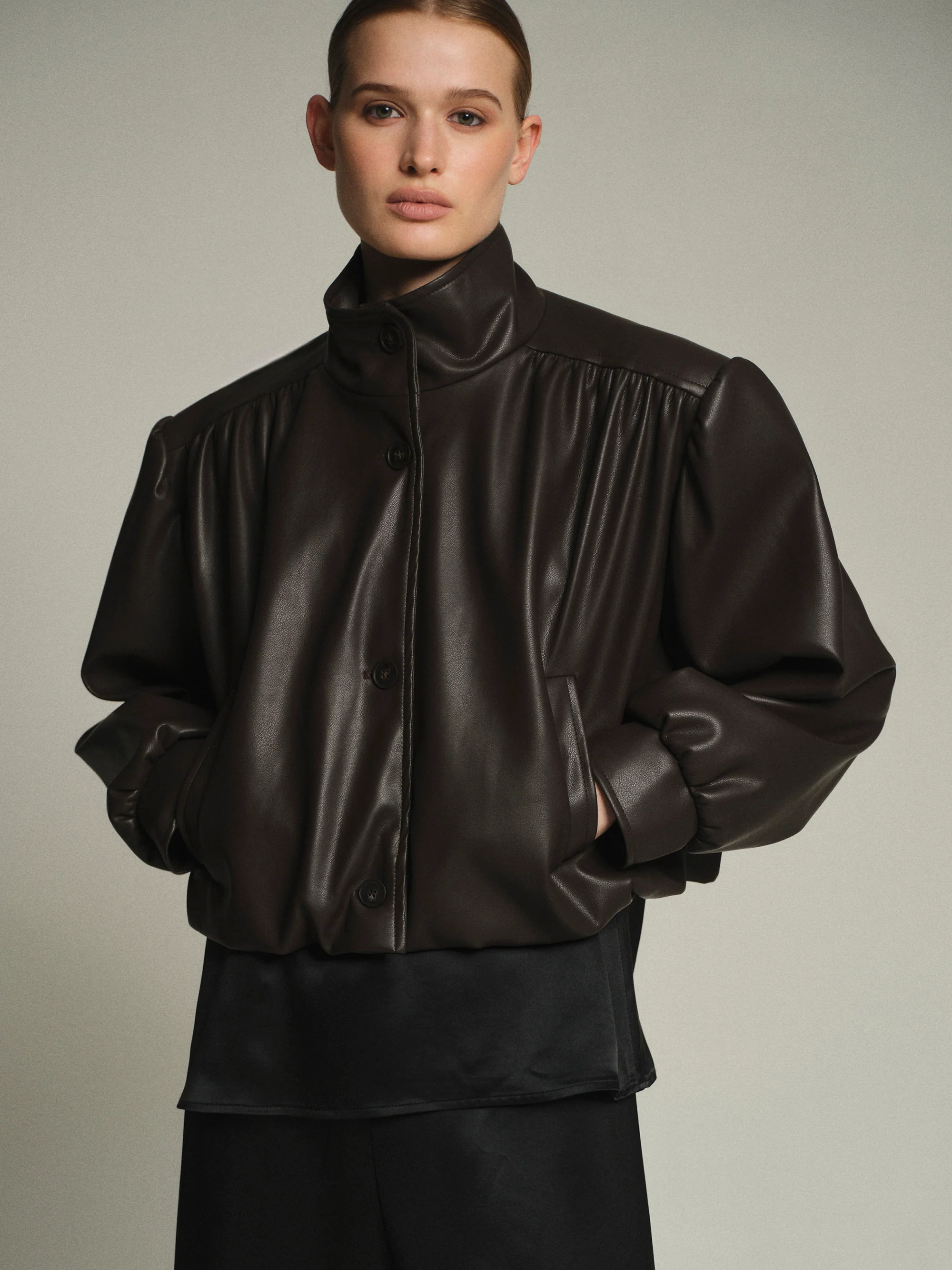 Lalisa Ruched Faux-Leather Bomber, Dark Brown - Image 3