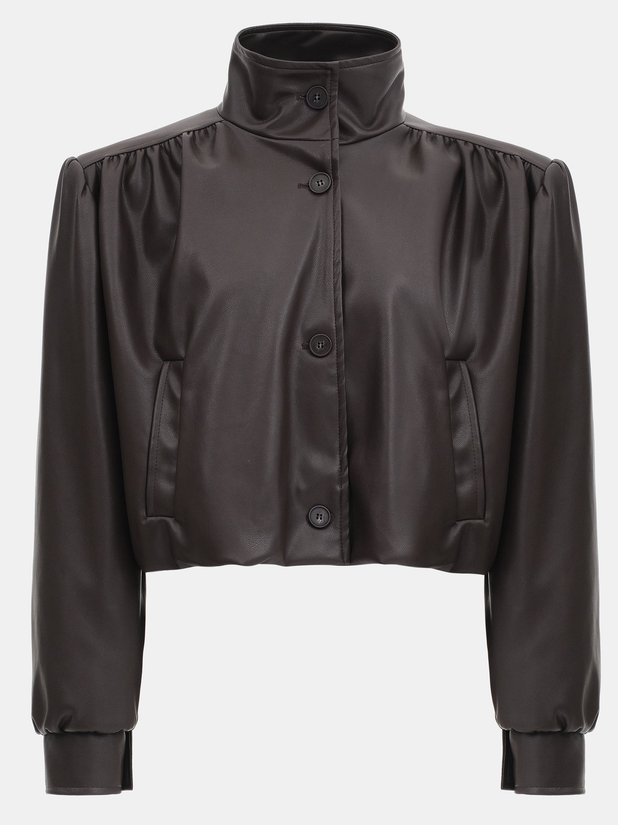 Lalisa Ruched Faux-Leather Bomber, Dark Brown - Image 4