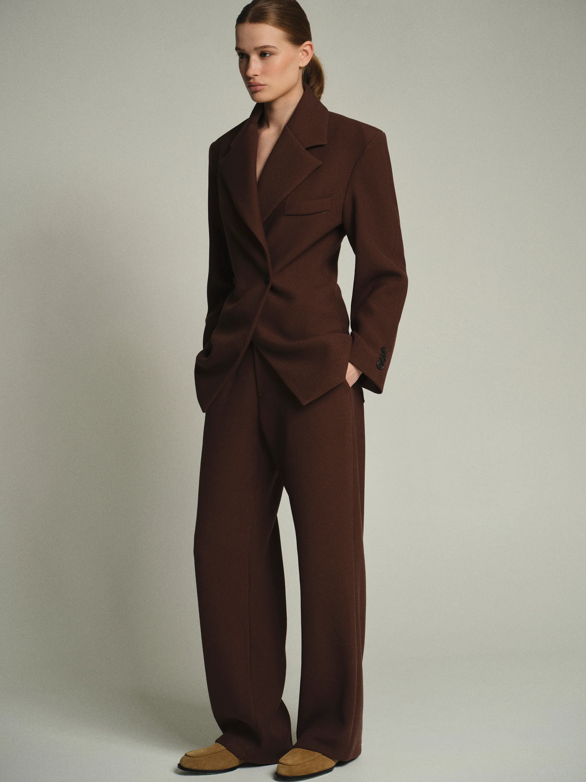 Nangy Double Breasted Cinched Blazer, Brown - Image 3