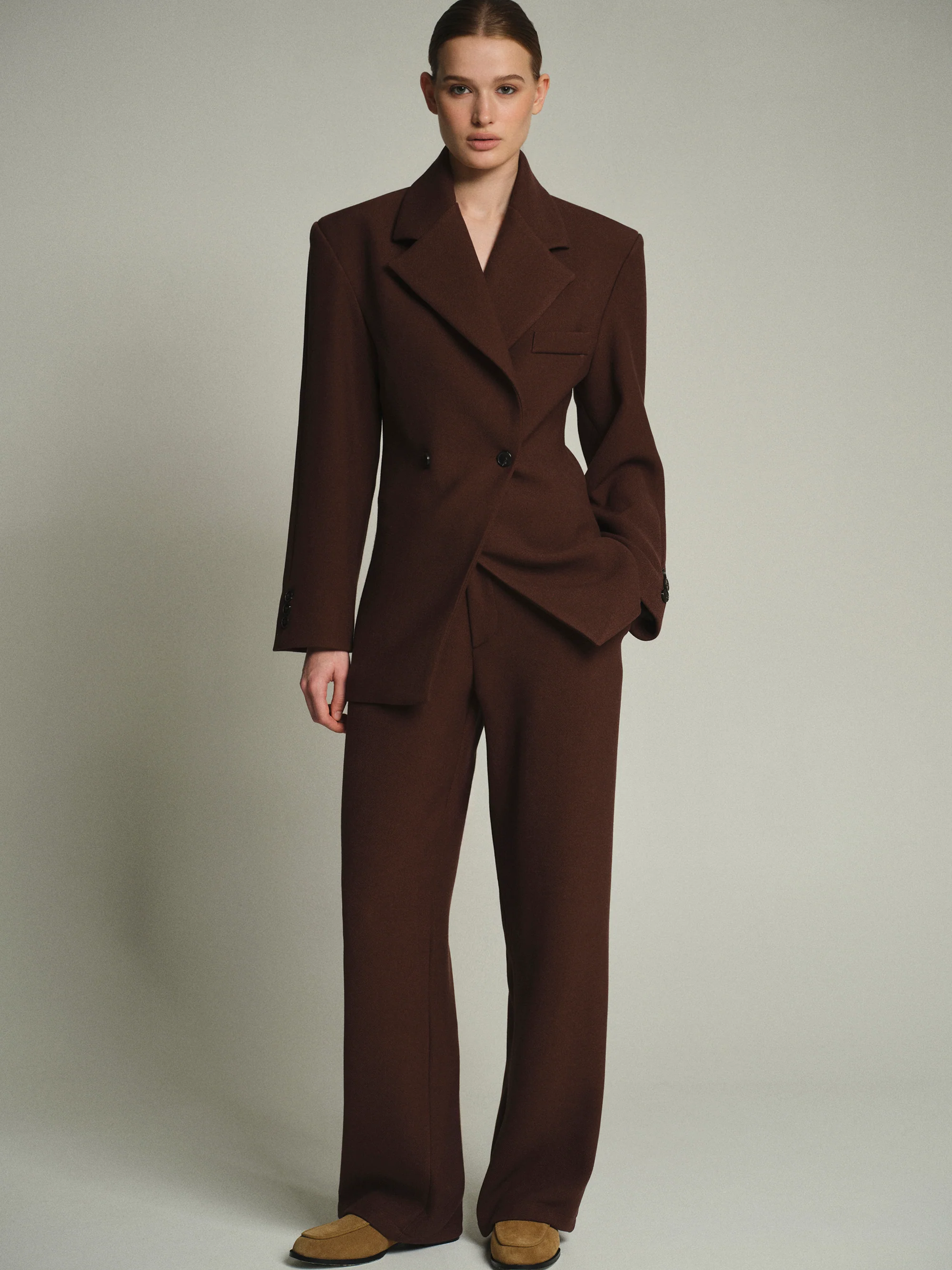 Nangy Double Breasted Cinched Blazer, Brown - Image 4