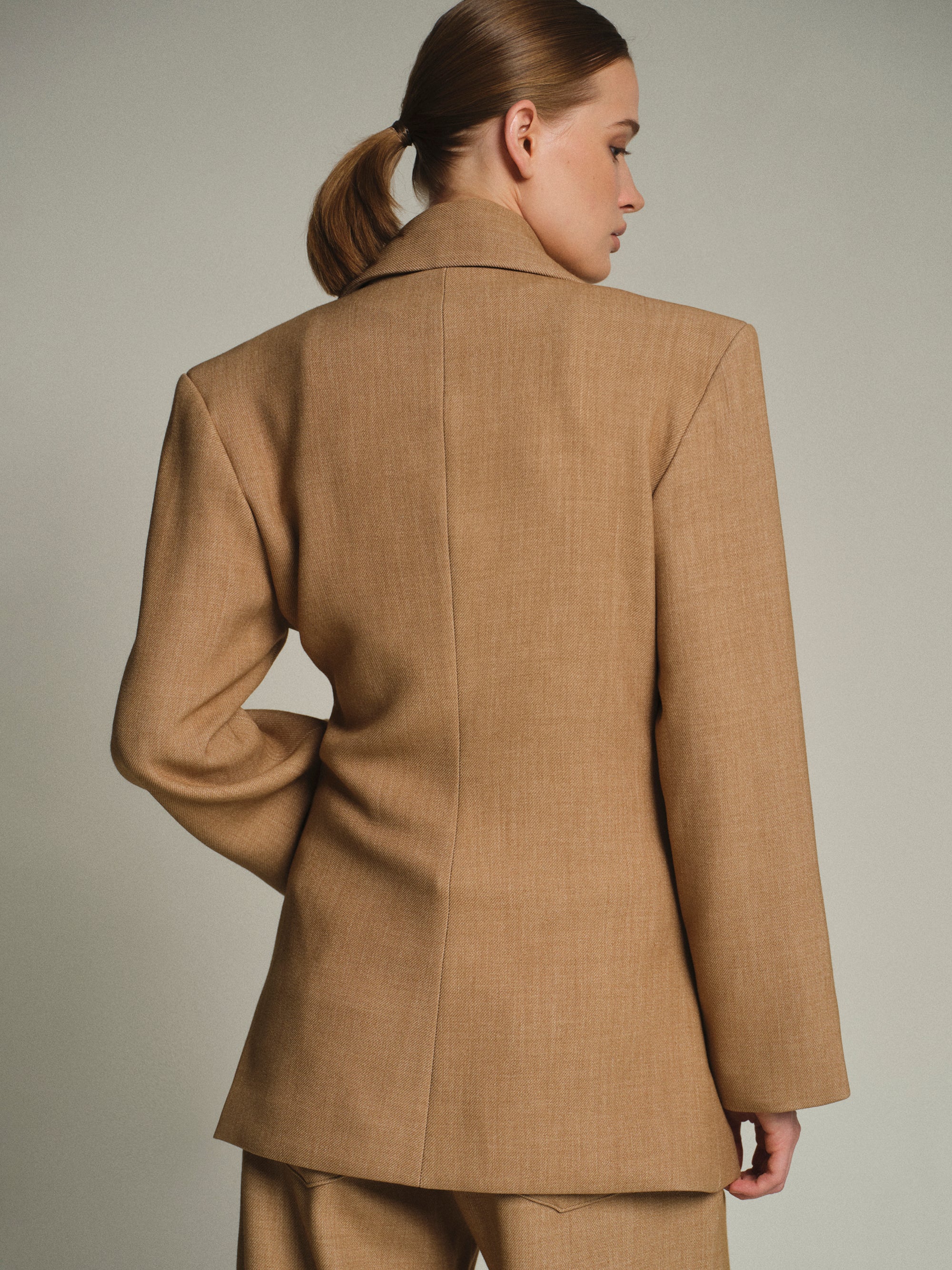 Nangy Double Breasted Cinched Blazer, Tan - Image 3