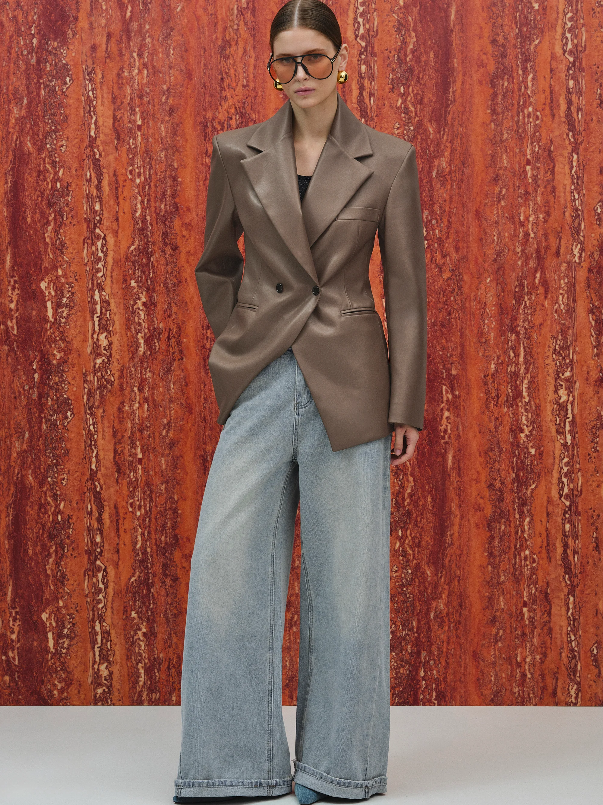 Nangy Faux-Leather Cinched Blazer, Tan - Image 4