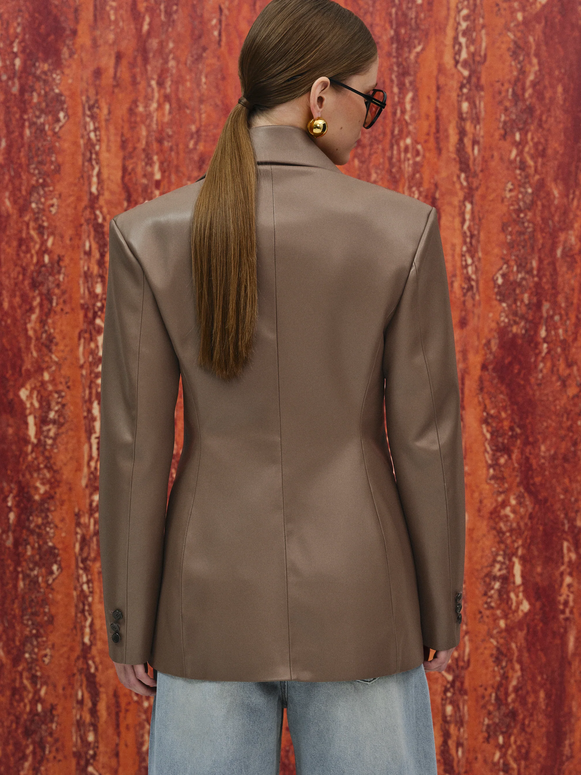 Nangy Faux-Leather Cinched Blazer, Tan - Image 5