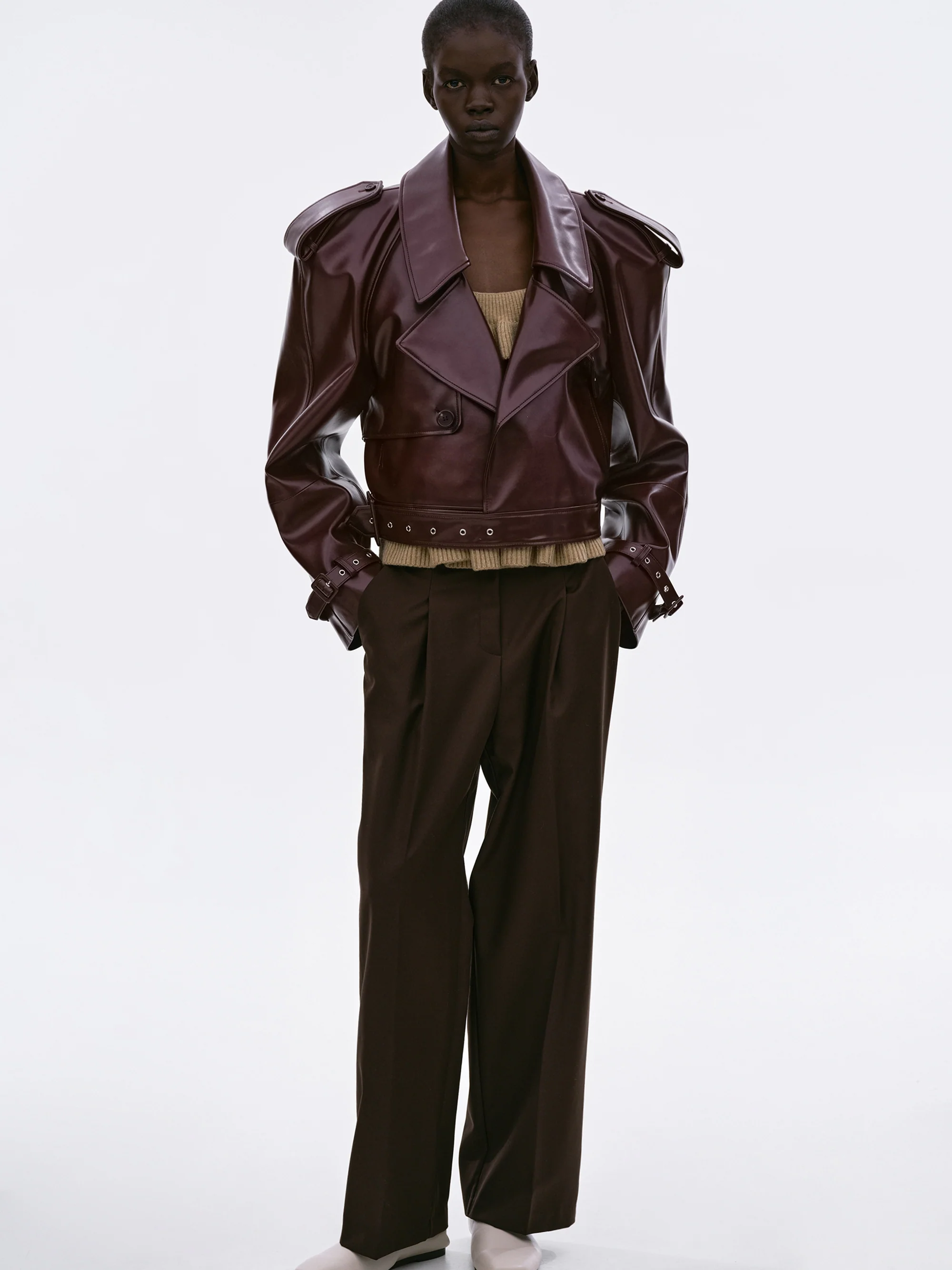 Notan Buckled Faux-Leather Cropped Jacket, Burgundy - Image 3