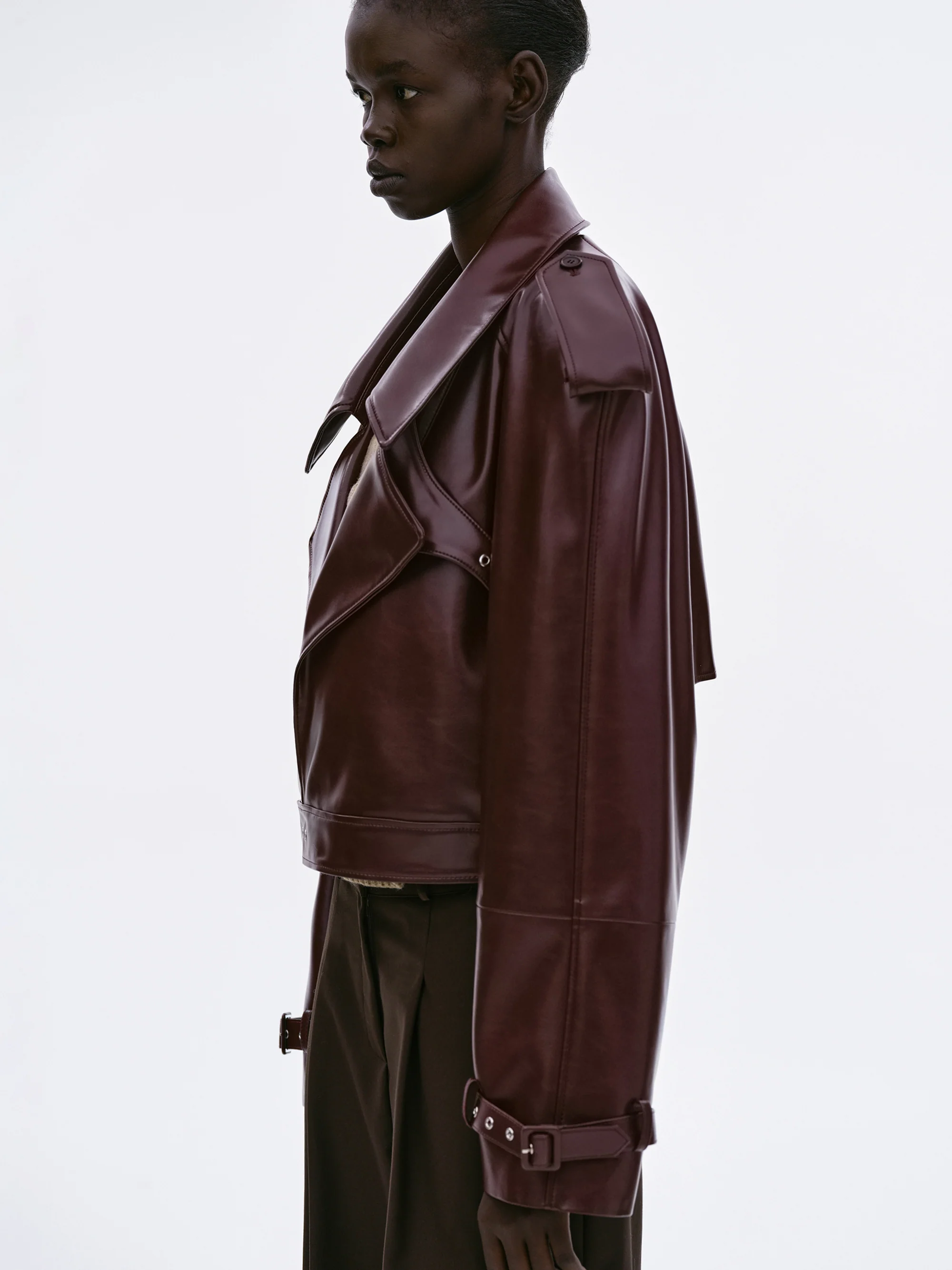 Notan Buckled Faux-Leather Cropped Jacket, Burgundy - Image 4