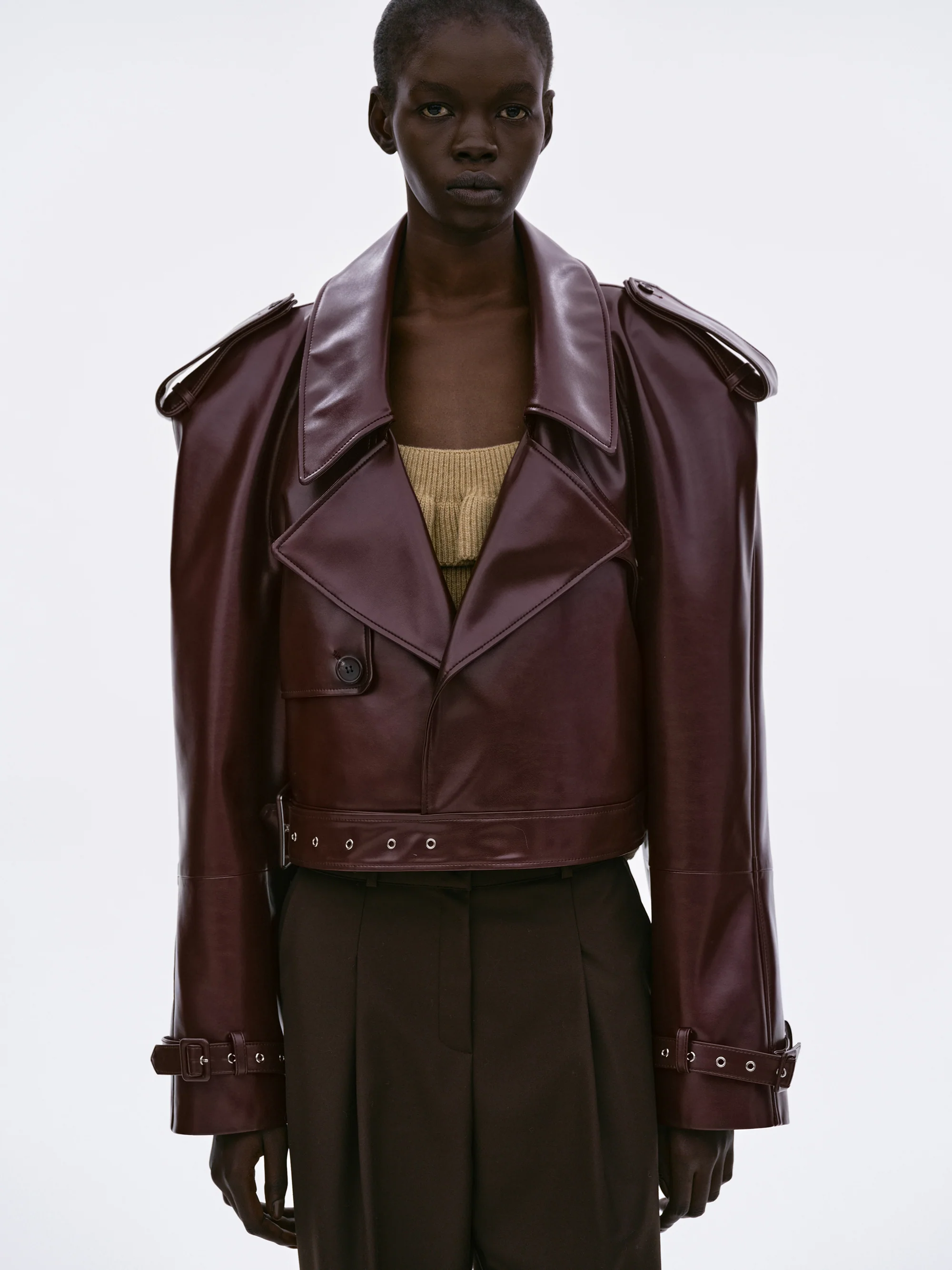 Notan Buckled Faux-Leather Cropped Jacket, Burgundy - Image 5