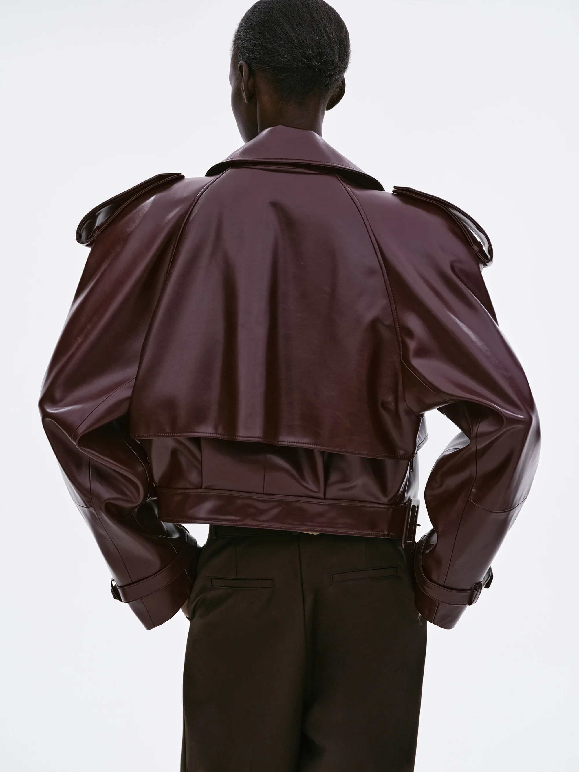 Notan Buckled Faux-Leather Cropped Jacket, Burgundy - Image 6