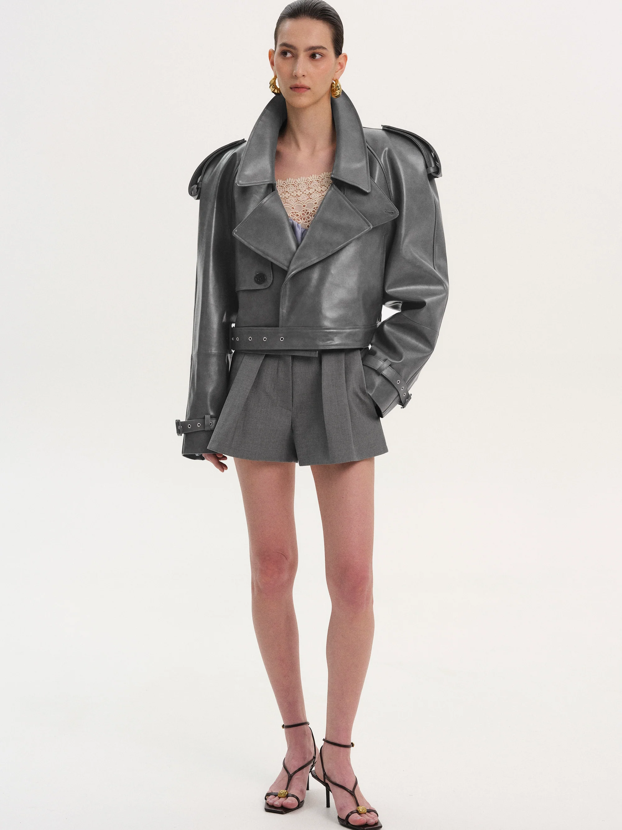 Notan Buckled Faux-Leather Cropped Jacket, Grey - Image 3