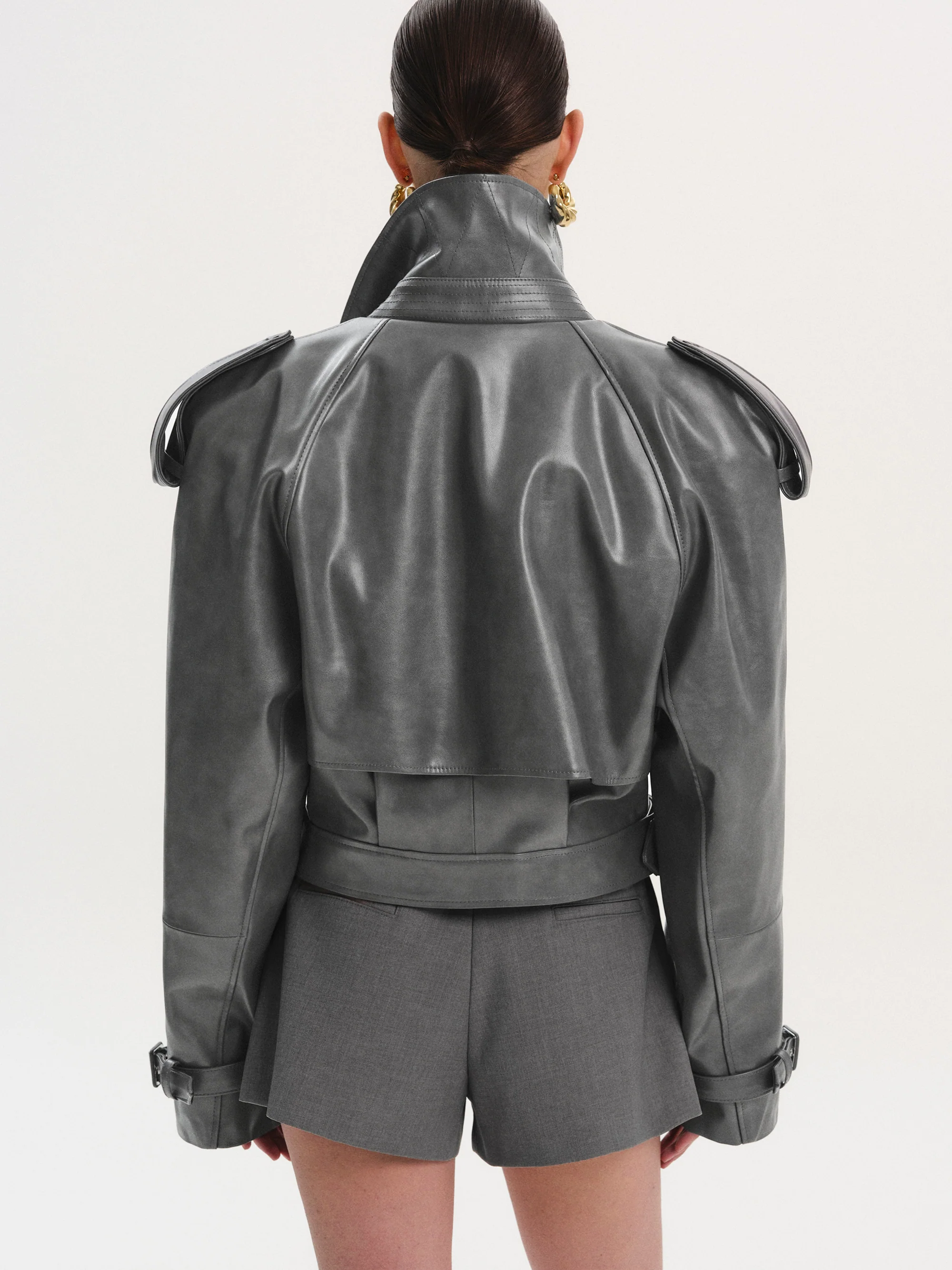 Notan Buckled Faux-Leather Cropped Jacket, Grey - Image 4