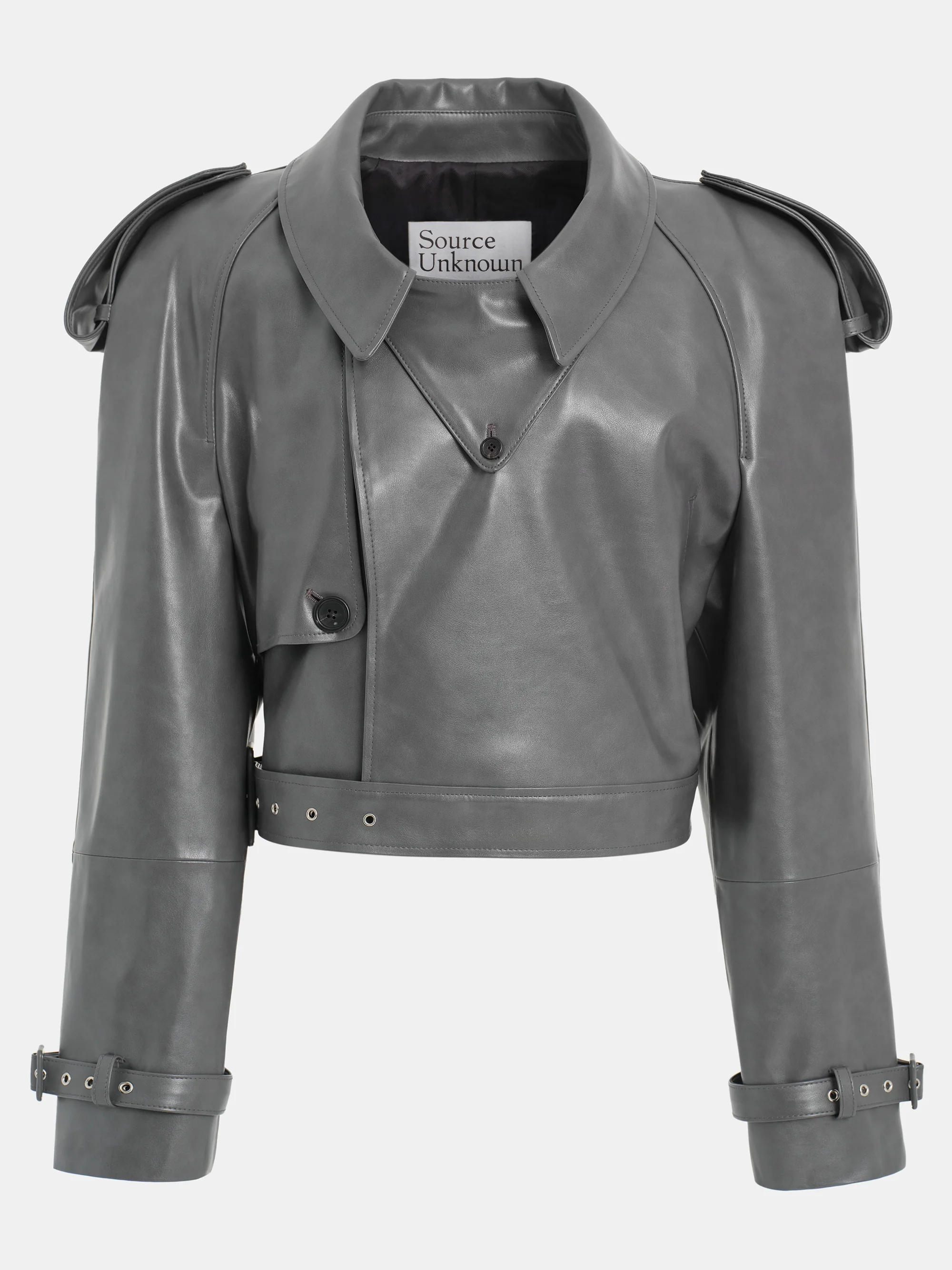 Notan Buckled Faux-Leather Cropped Jacket, Grey - Image 5