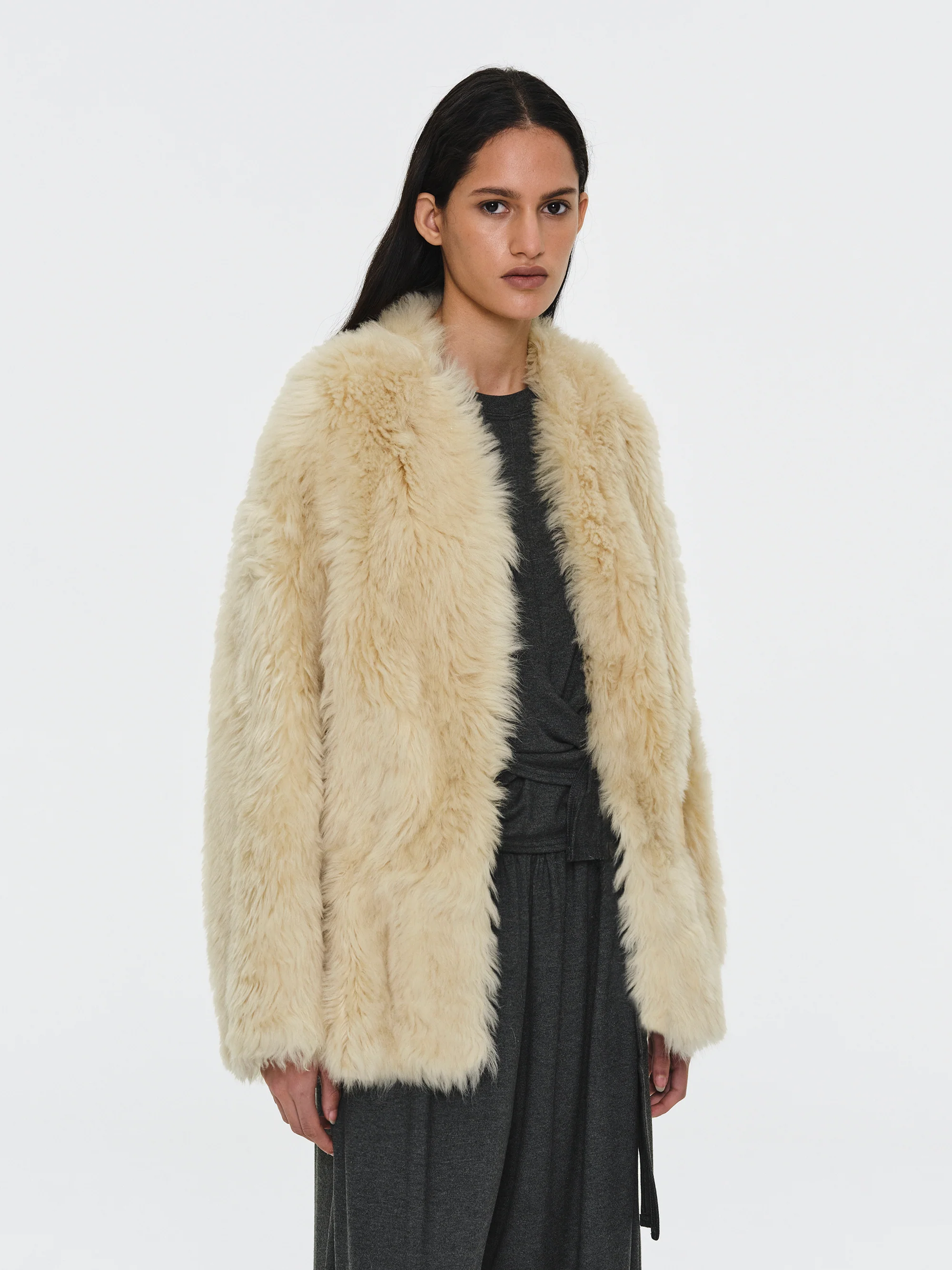 Peplum Shearling Coat, Beige - Image 4