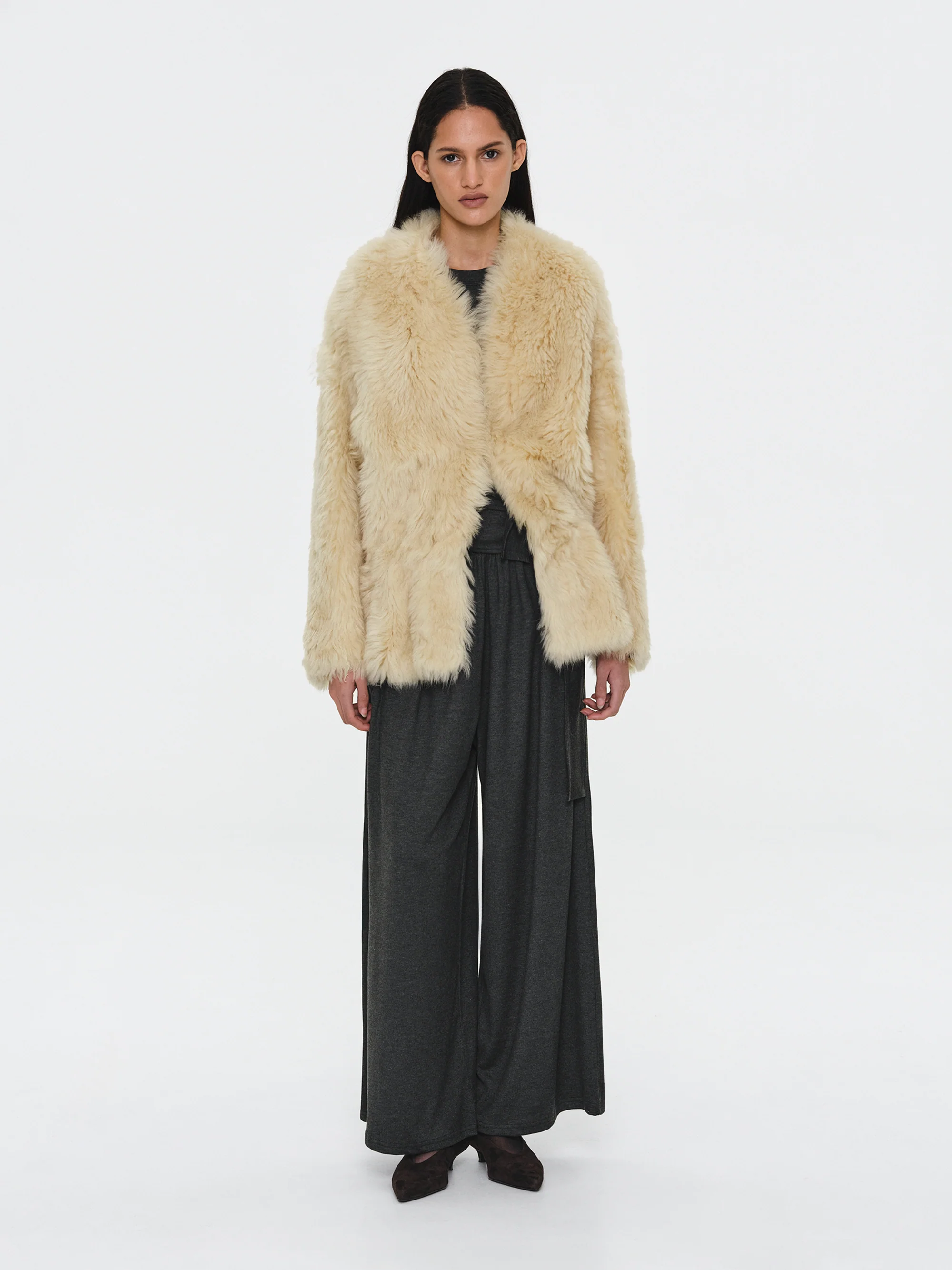 Peplum Shearling Coat, Beige - Image 6