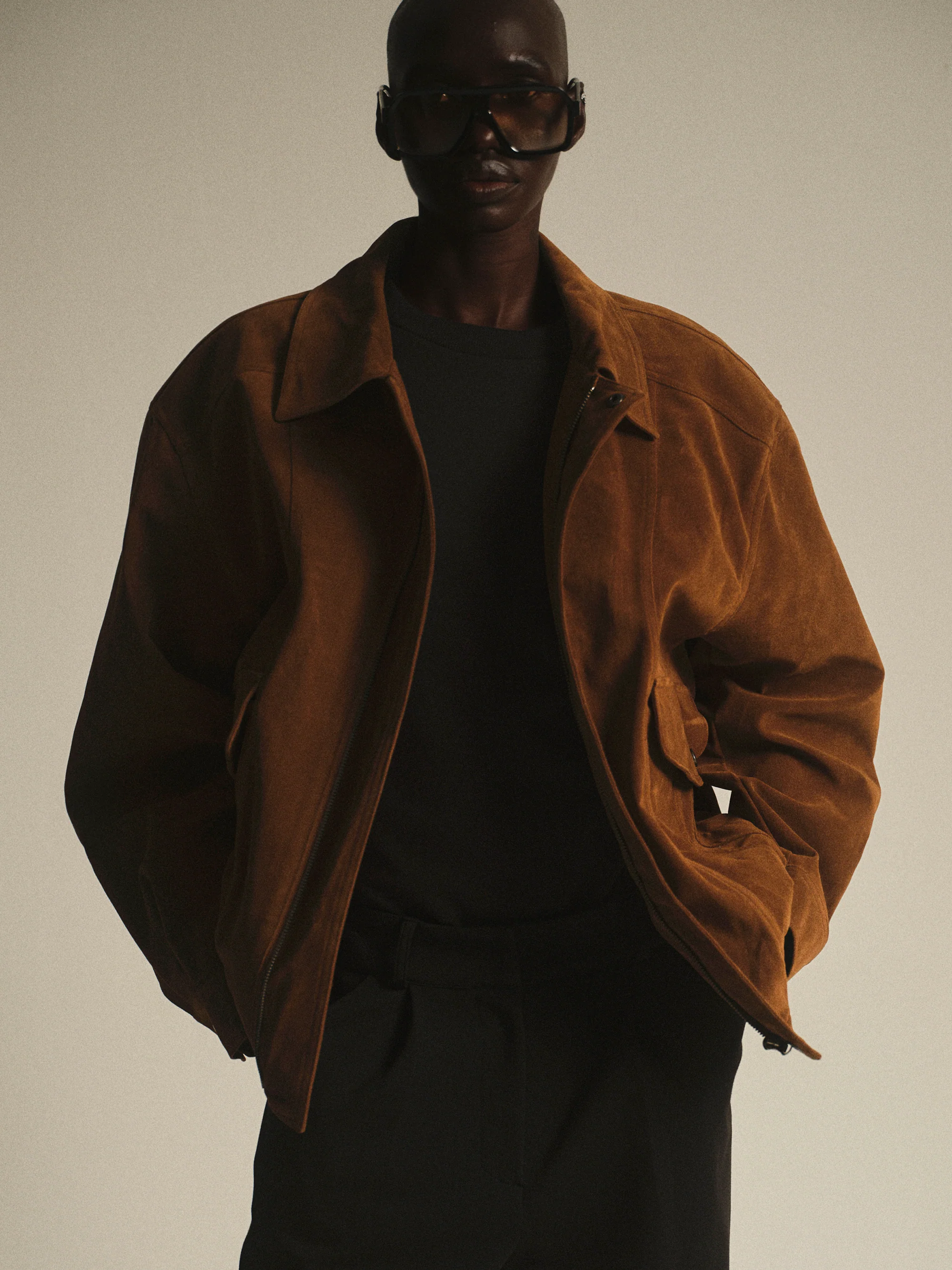 Suede Effect Bomber Jacket, Cognac - Image 3