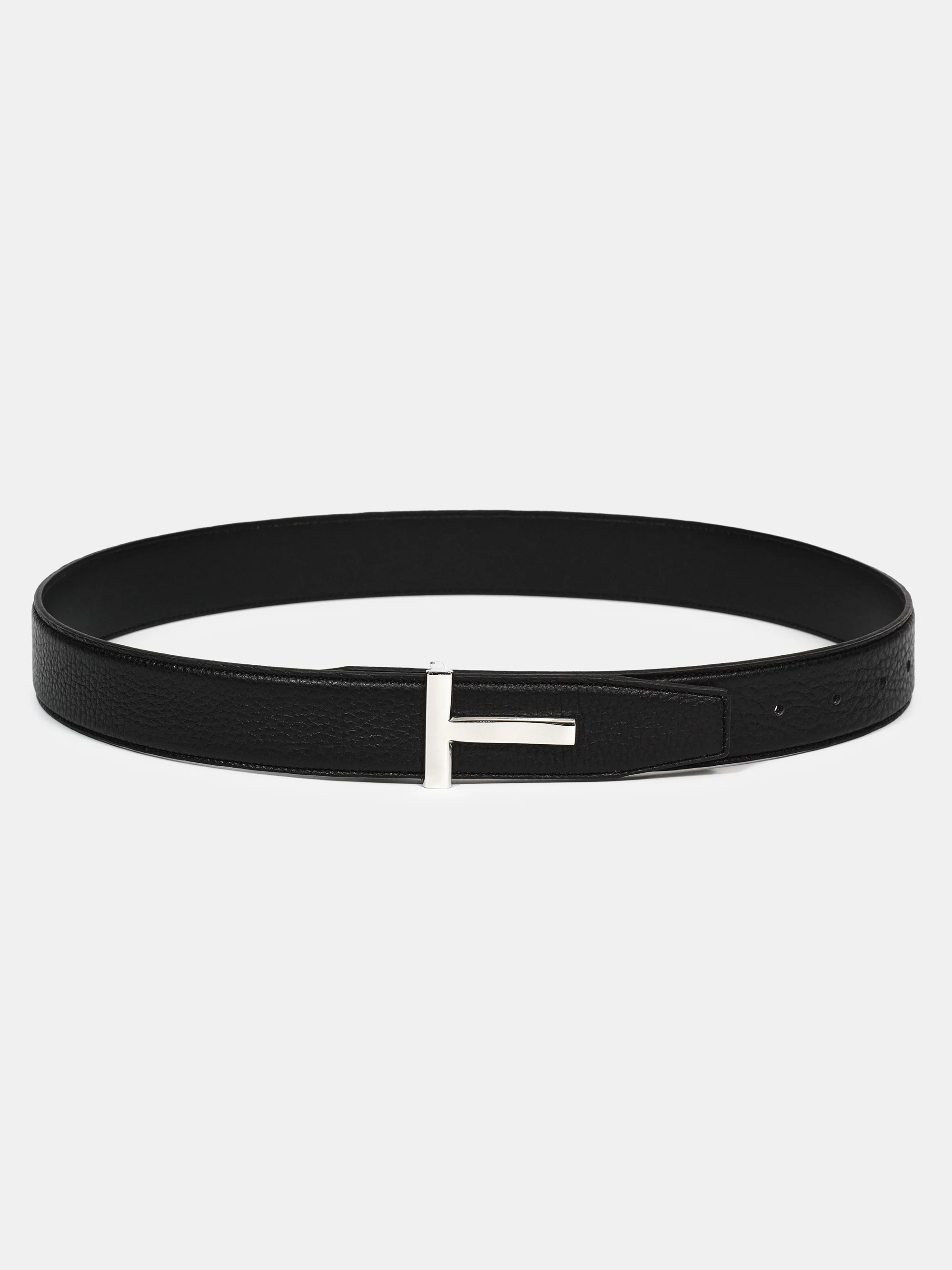 T-Buckle Leather Belt, Silver - Image 3