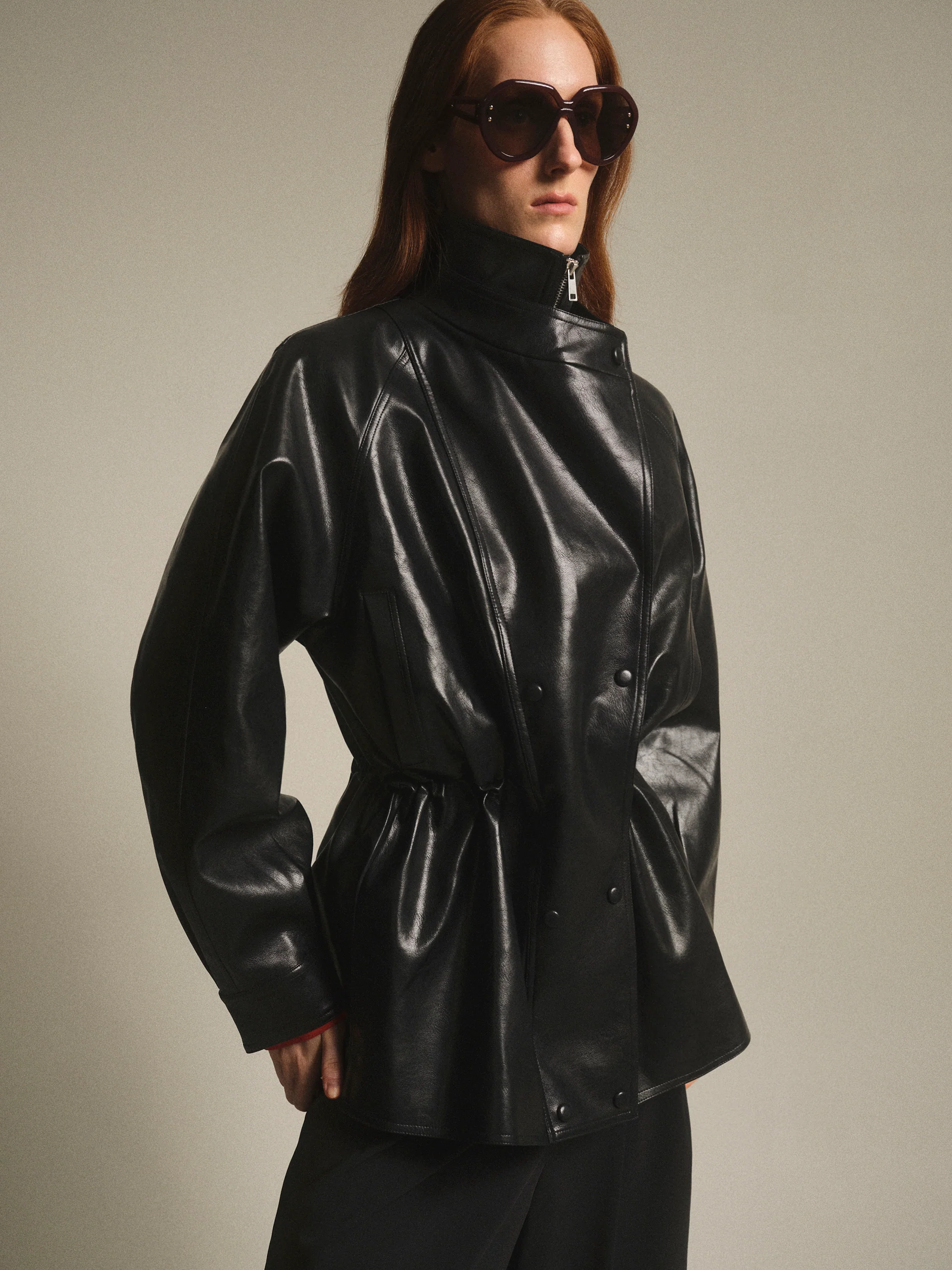 Veda High Collar Faux-Leather Jacket, Black - Image 4