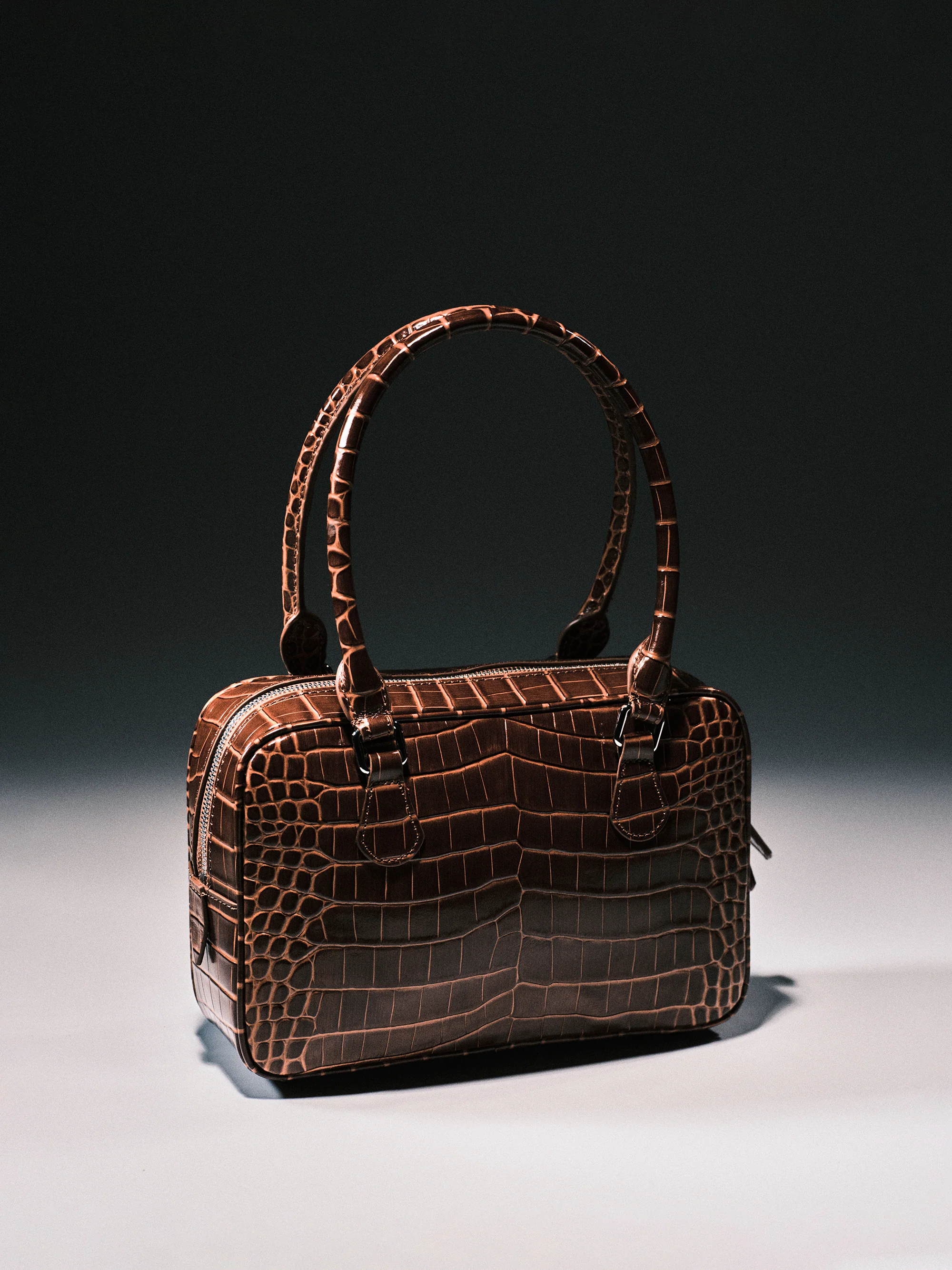 Yves Croc-embossed Leather Bag, Chocolate - Image 3